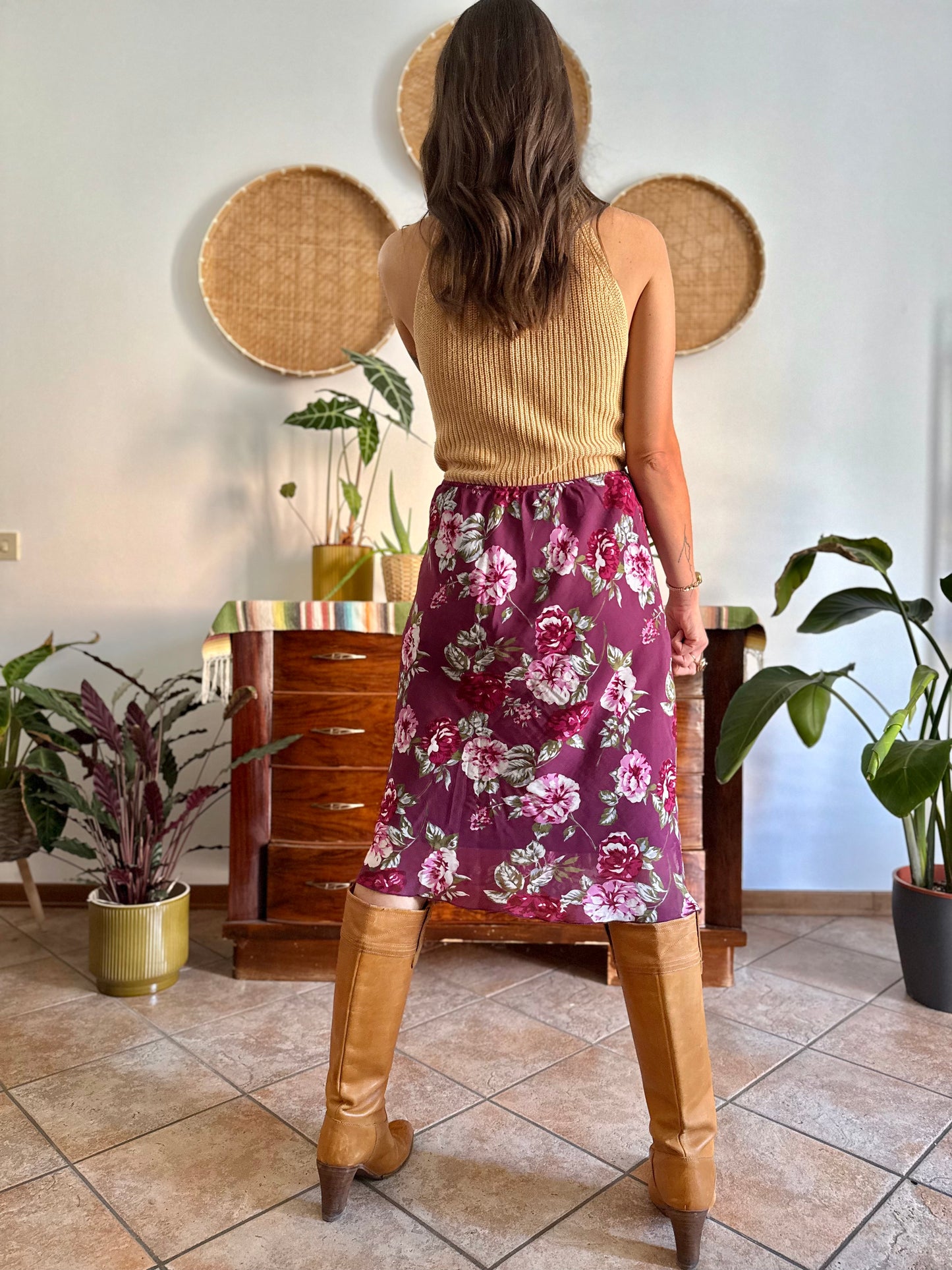 1990's vintage burgundy floral print midi skirt
