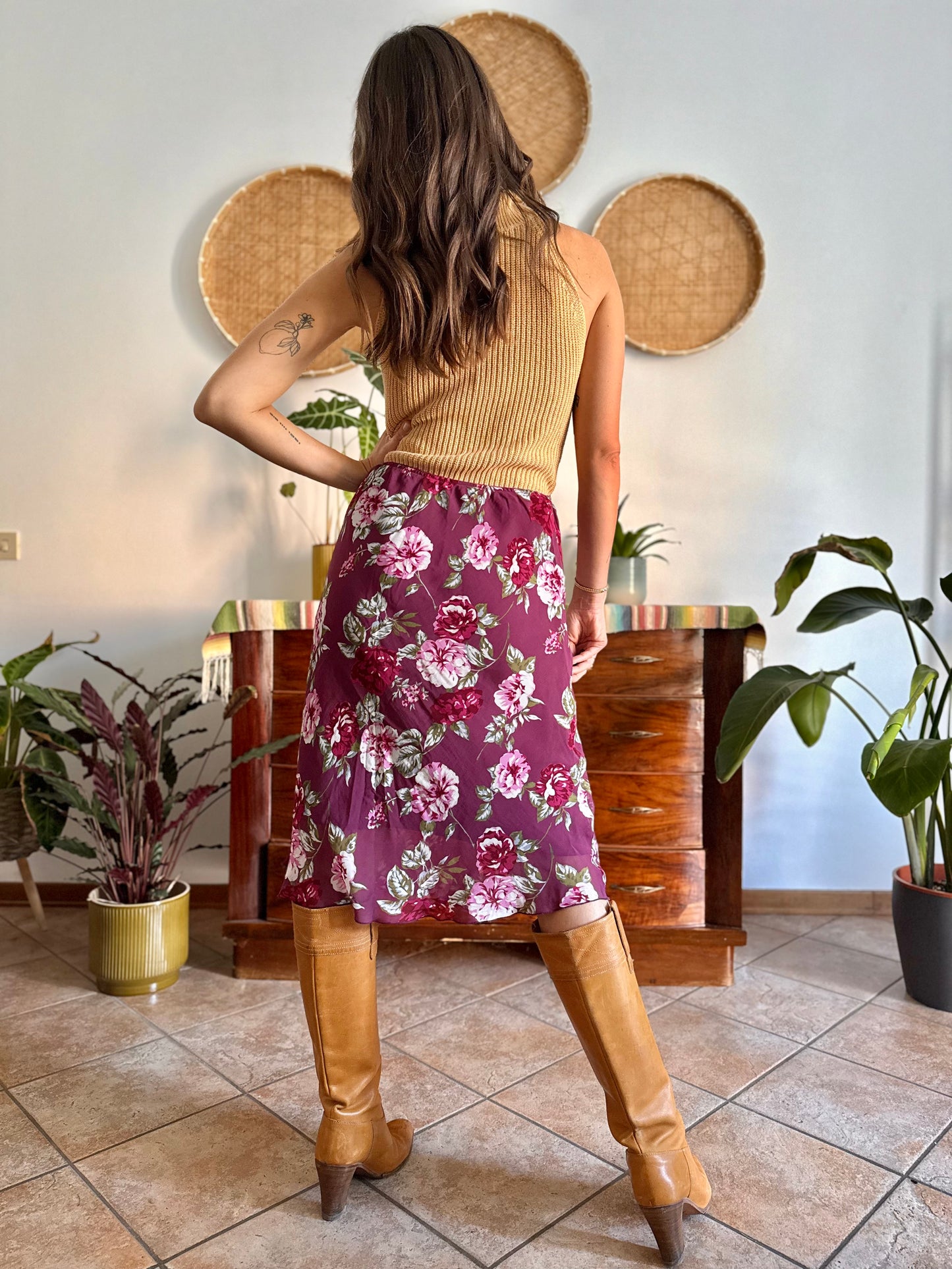 1990's vintage burgundy floral print midi skirt
