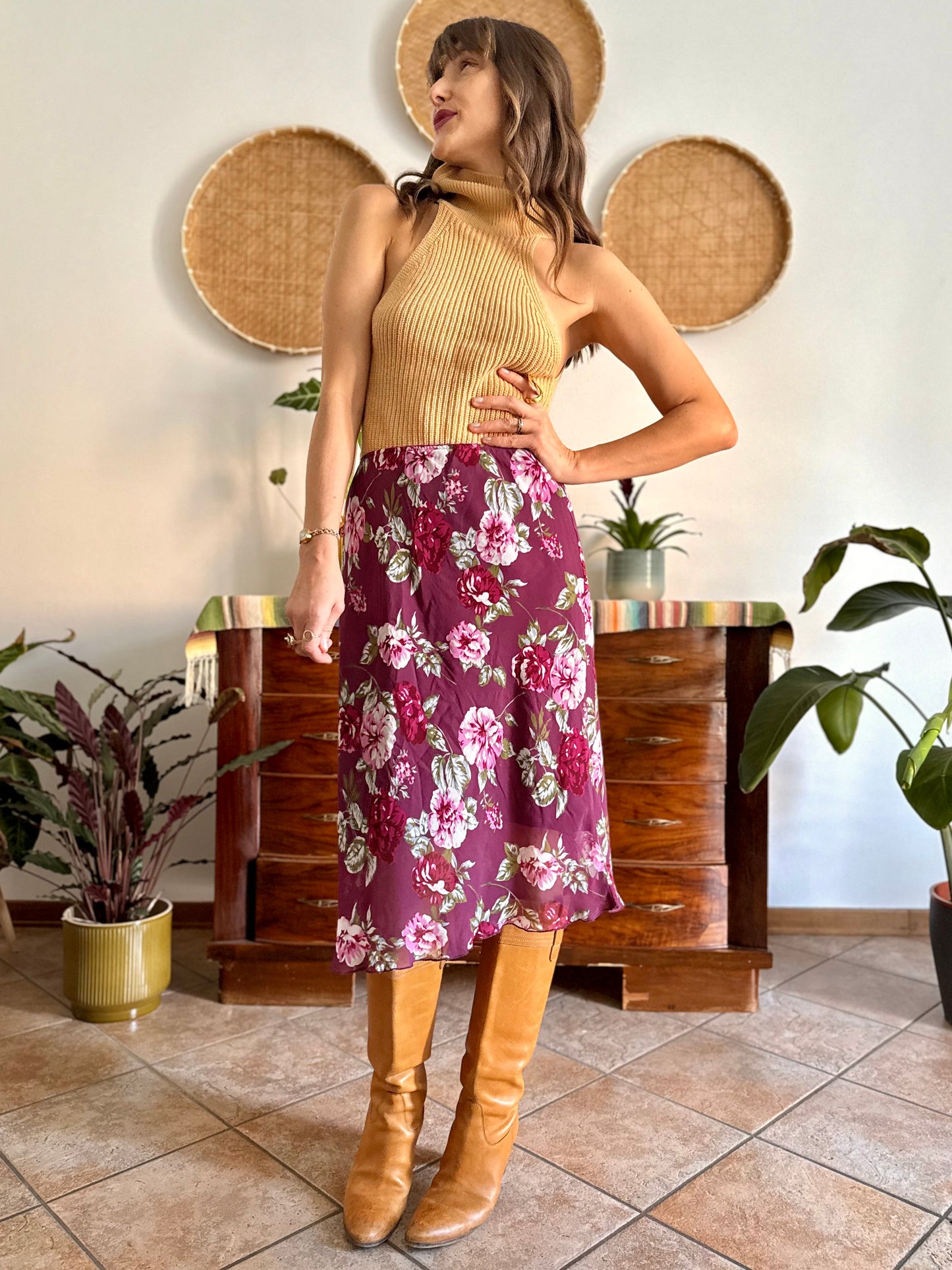 1990's vintage burgundy floral print midi skirt