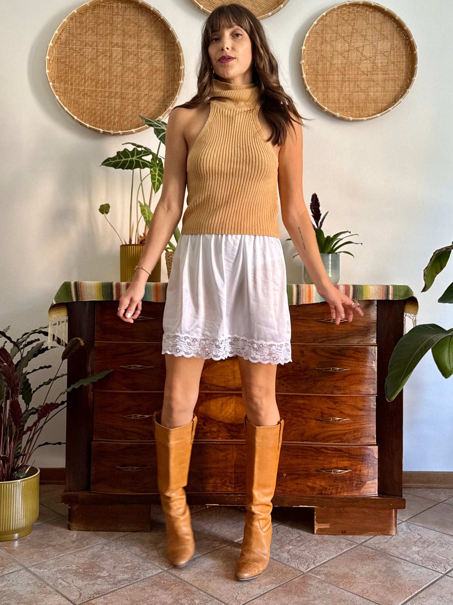 1960's vintage semi sheer satin white slip skirt with lace hem
