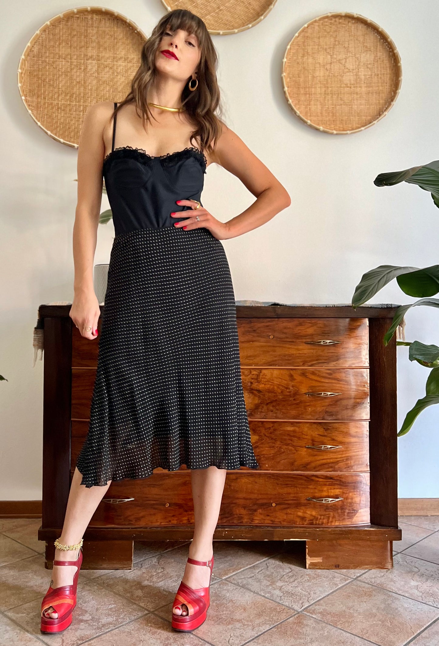 1990's vintage black and white polkadot midi skirt