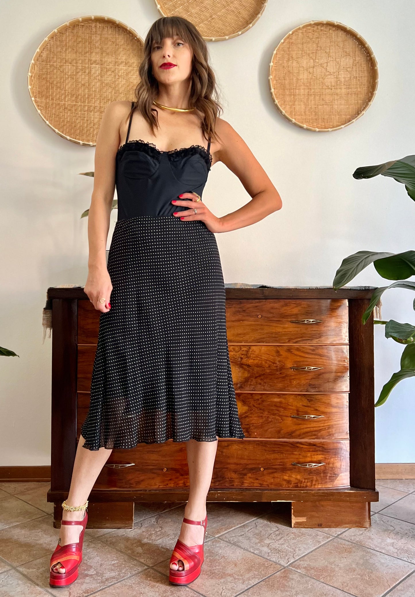 1990's vintage black and white polkadot midi skirt