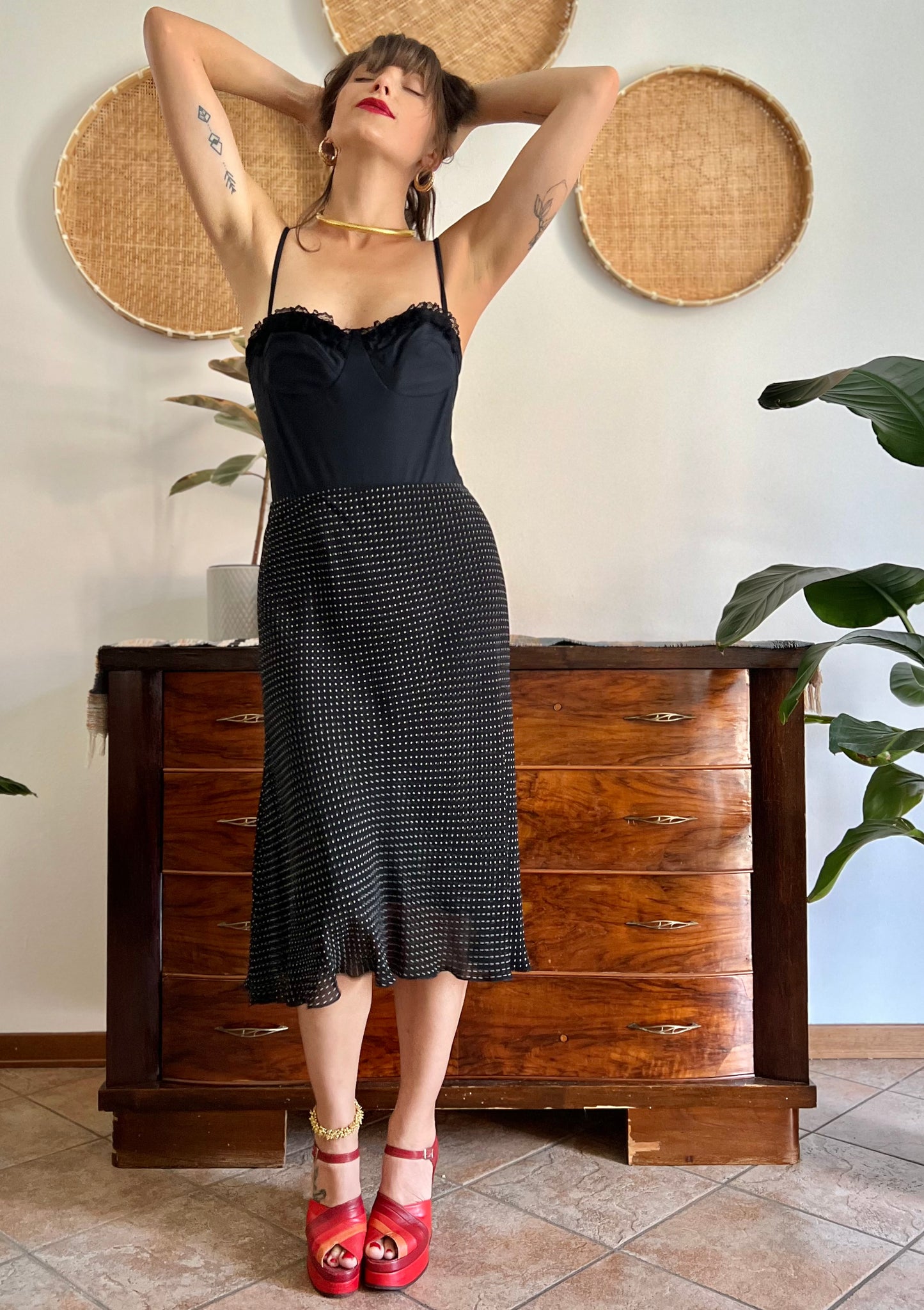 1990's vintage black and white polkadot midi skirt