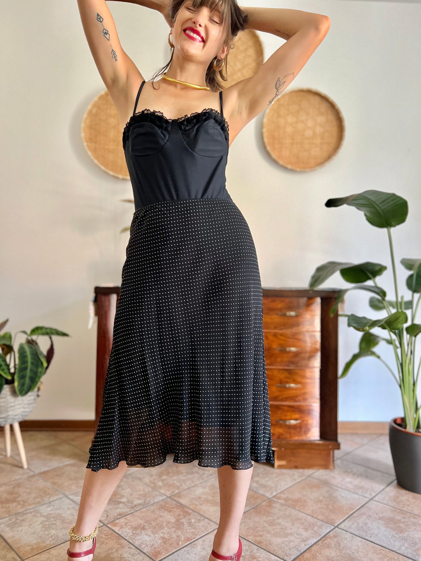 1990's vintage black and white polkadot midi skirt