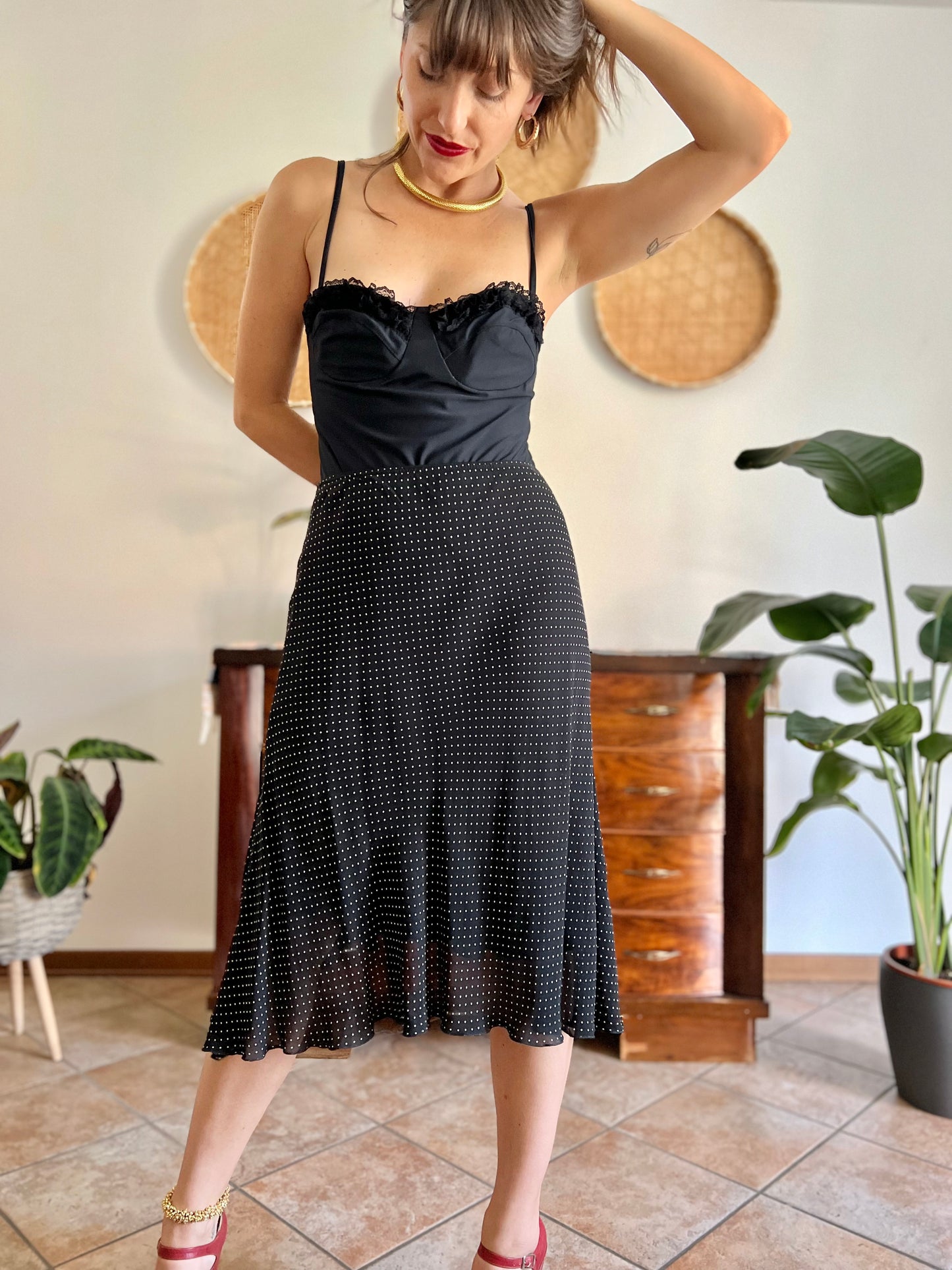 1990's vintage black and white polkadot midi skirt