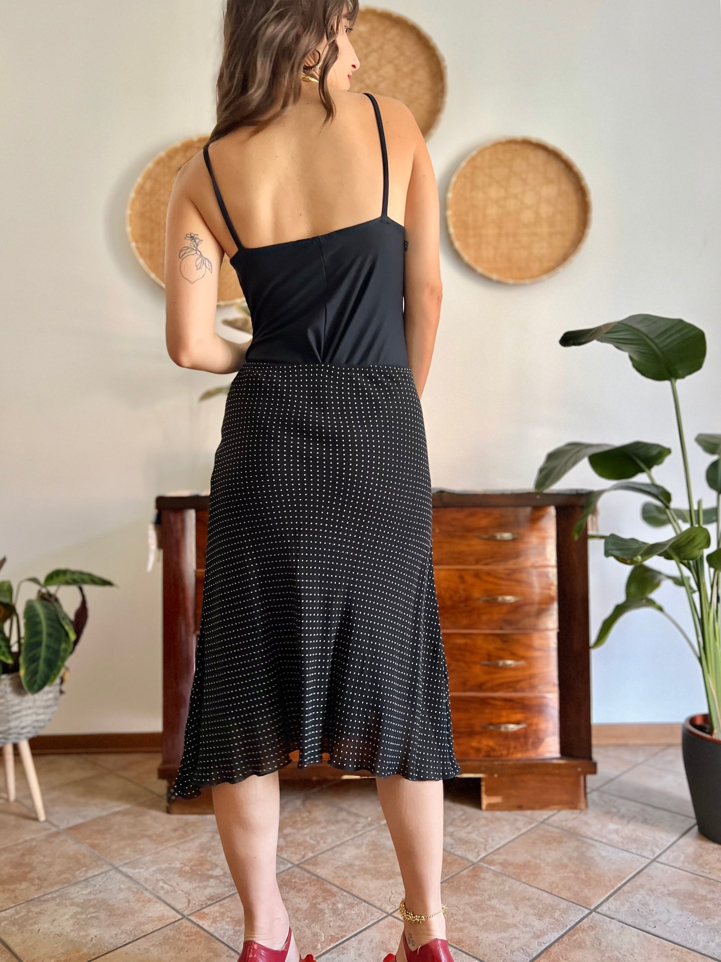 1990's vintage black and white polkadot midi skirt