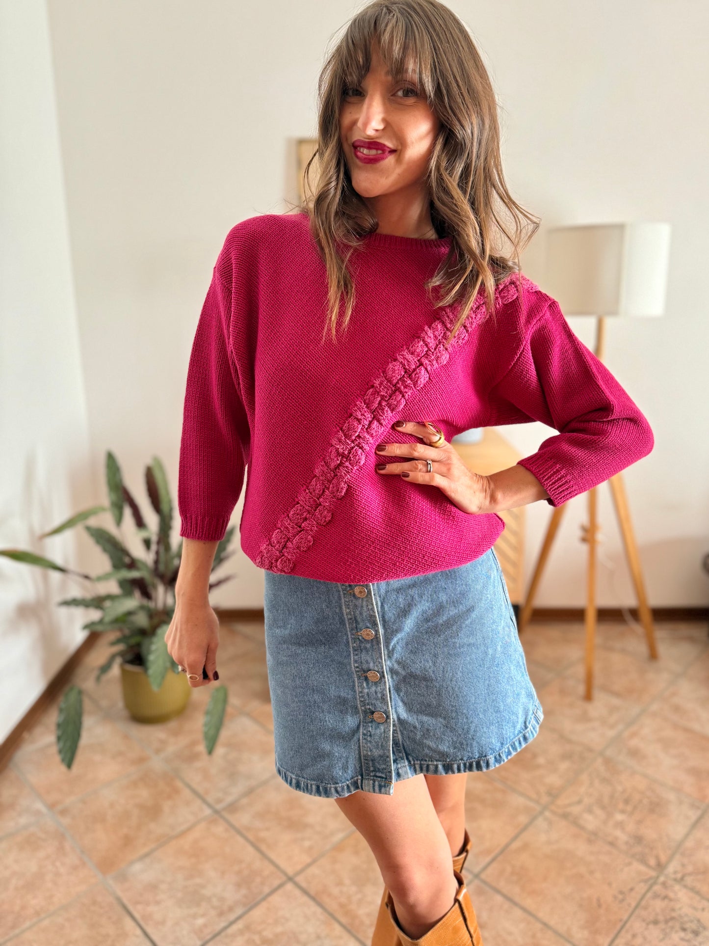 1980's vintage fuchsia knit pullover with texture asymmetrical knit detail