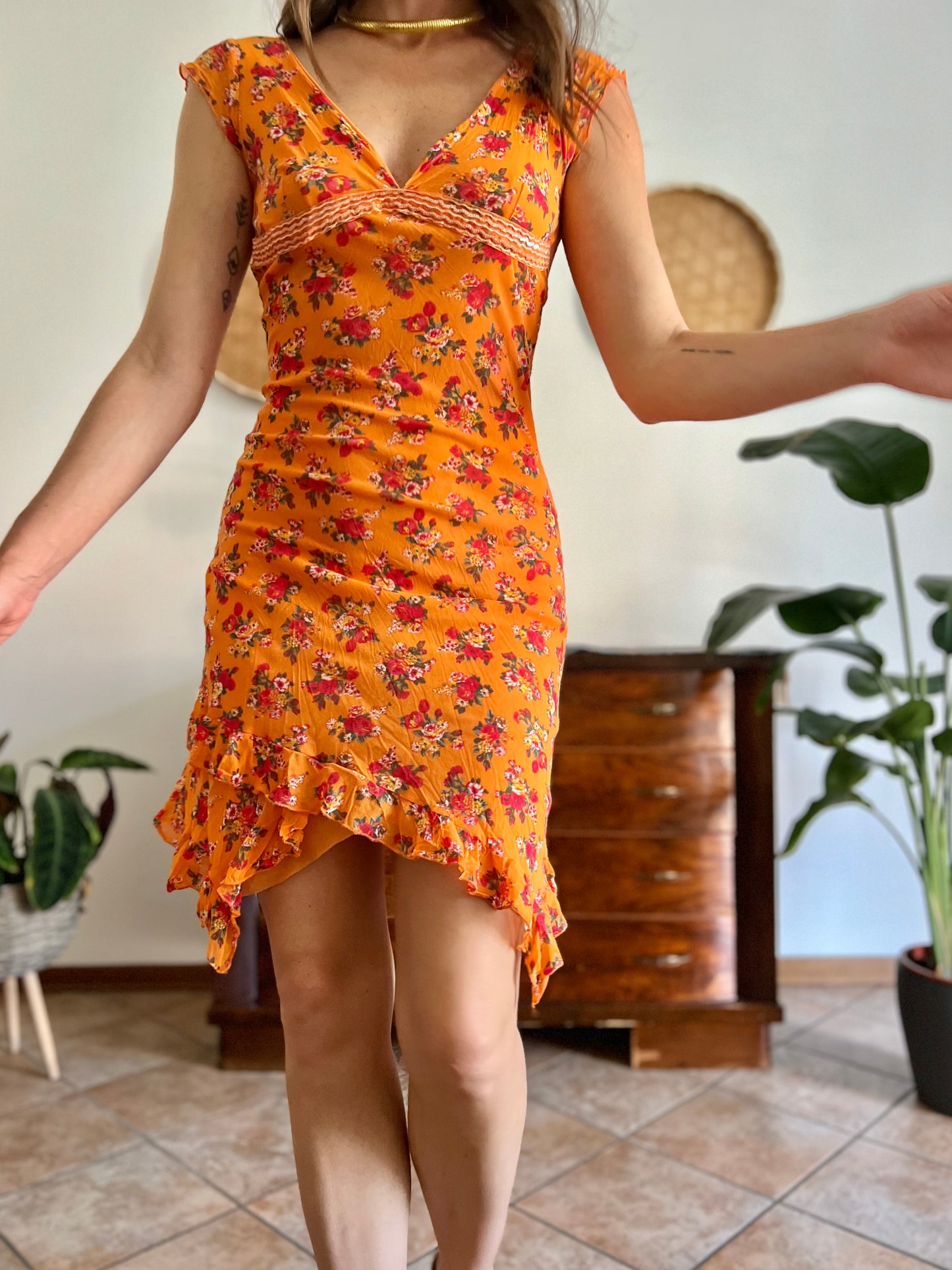 1990's vintage orange floral asymmetrical mini dress