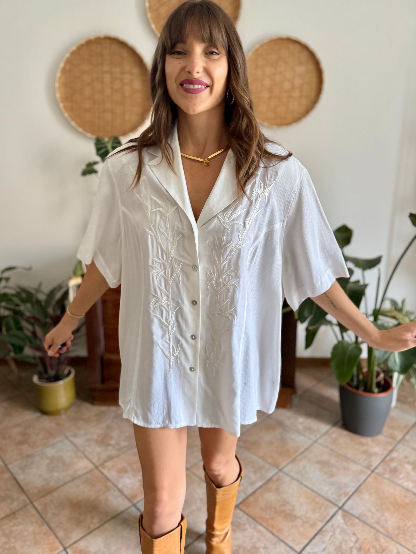 1990's vintage oversize textured blouse with bamboo embroidered detail