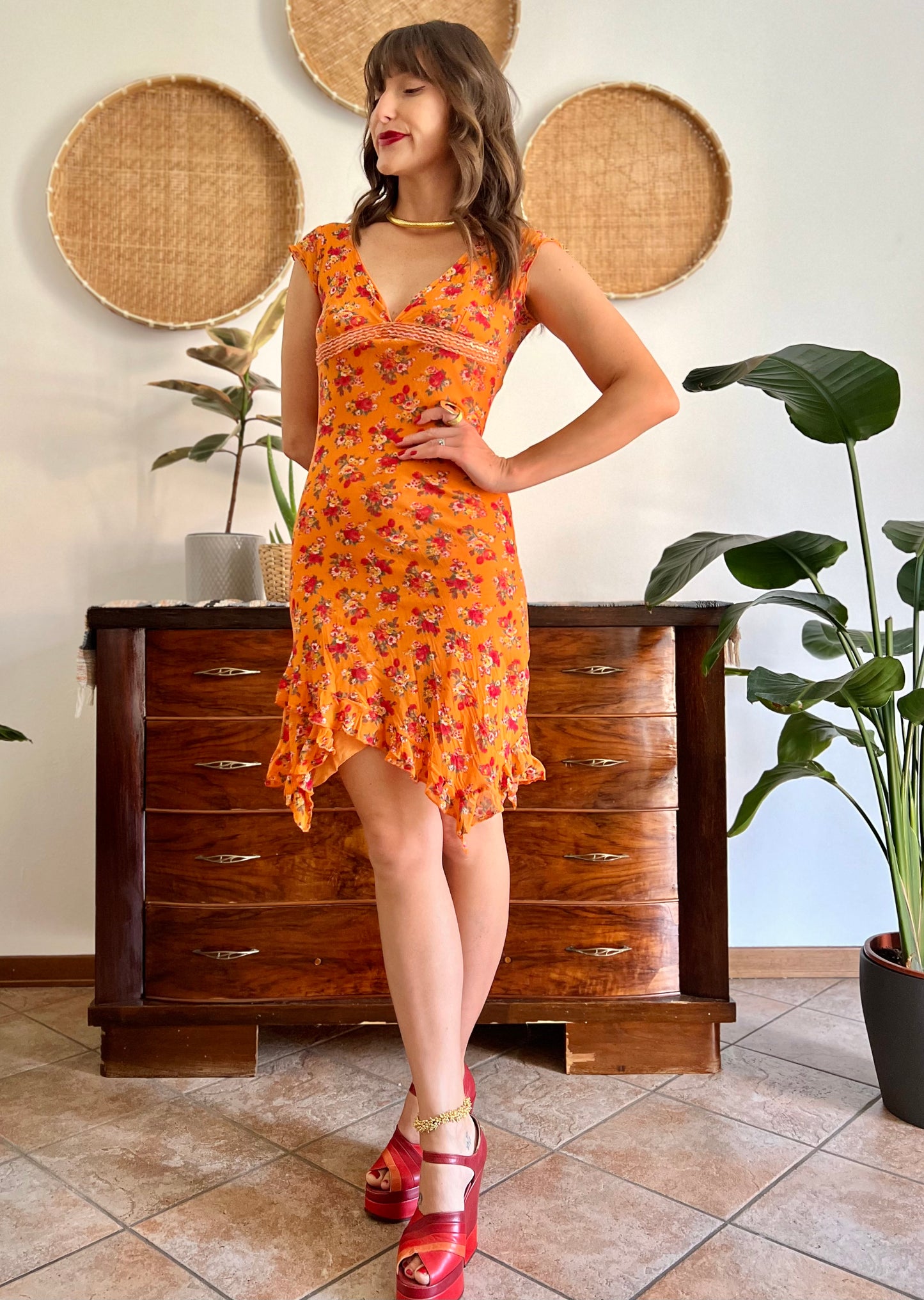 1990's vintage orange floral asymmetrical mini dress