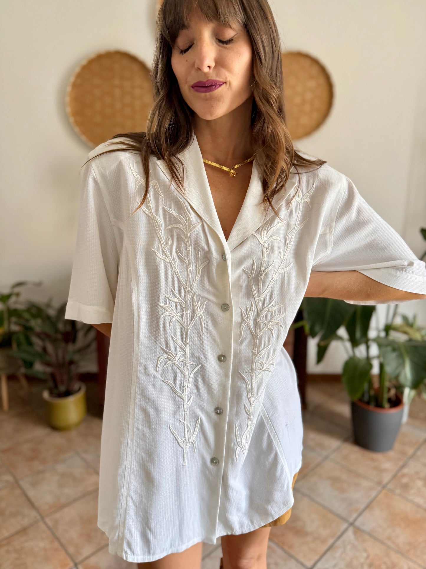 1990's vintage oversize textured blouse with bamboo embroidered detail