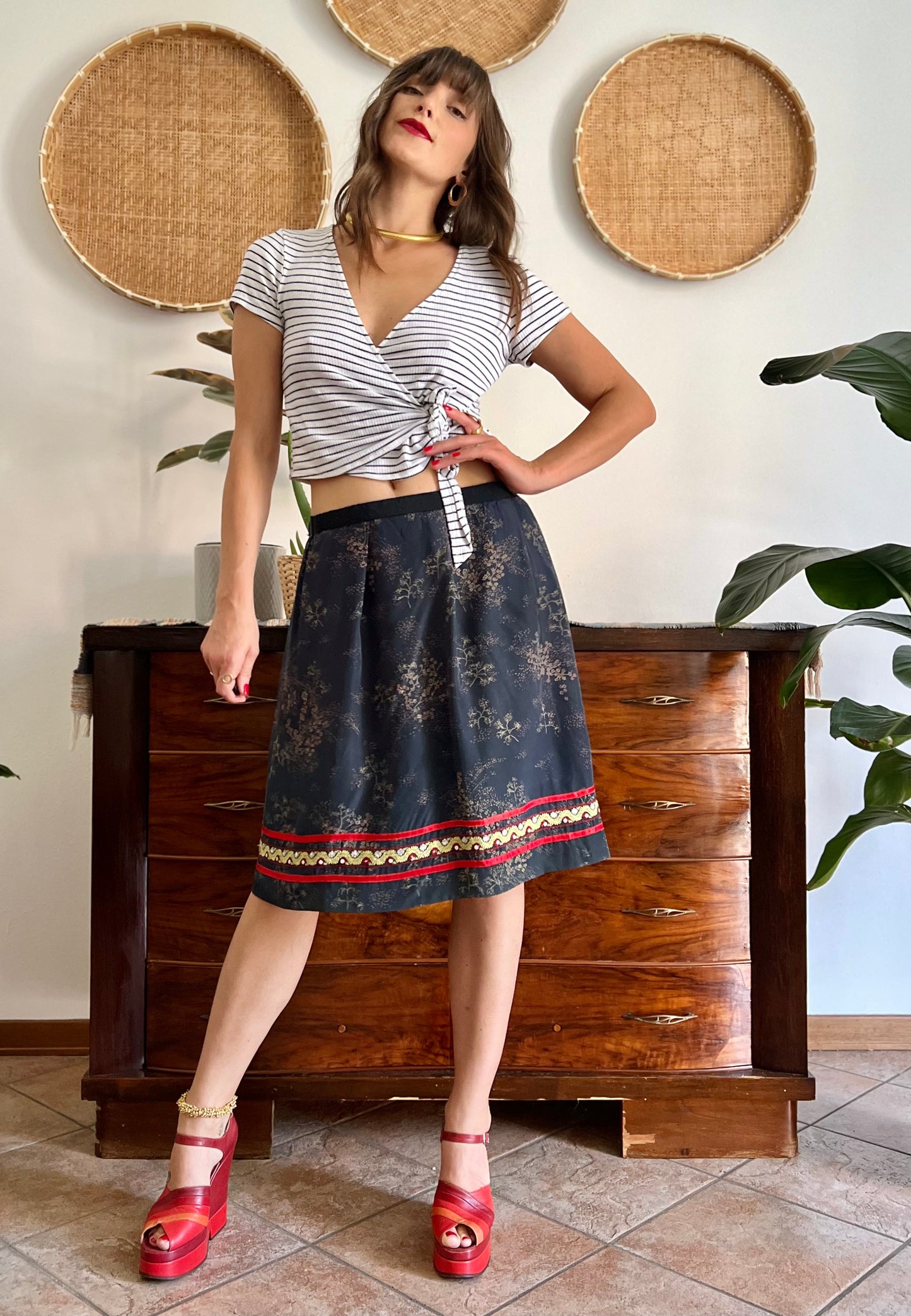 1970's vintage Navy, red and yellow floral midi dress