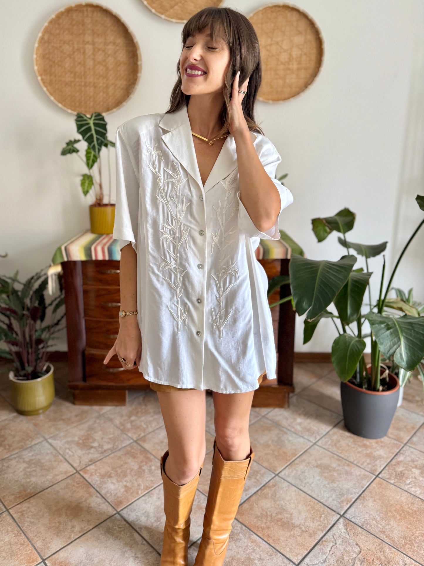 1990's vintage oversize textured blouse with bamboo embroidered detail