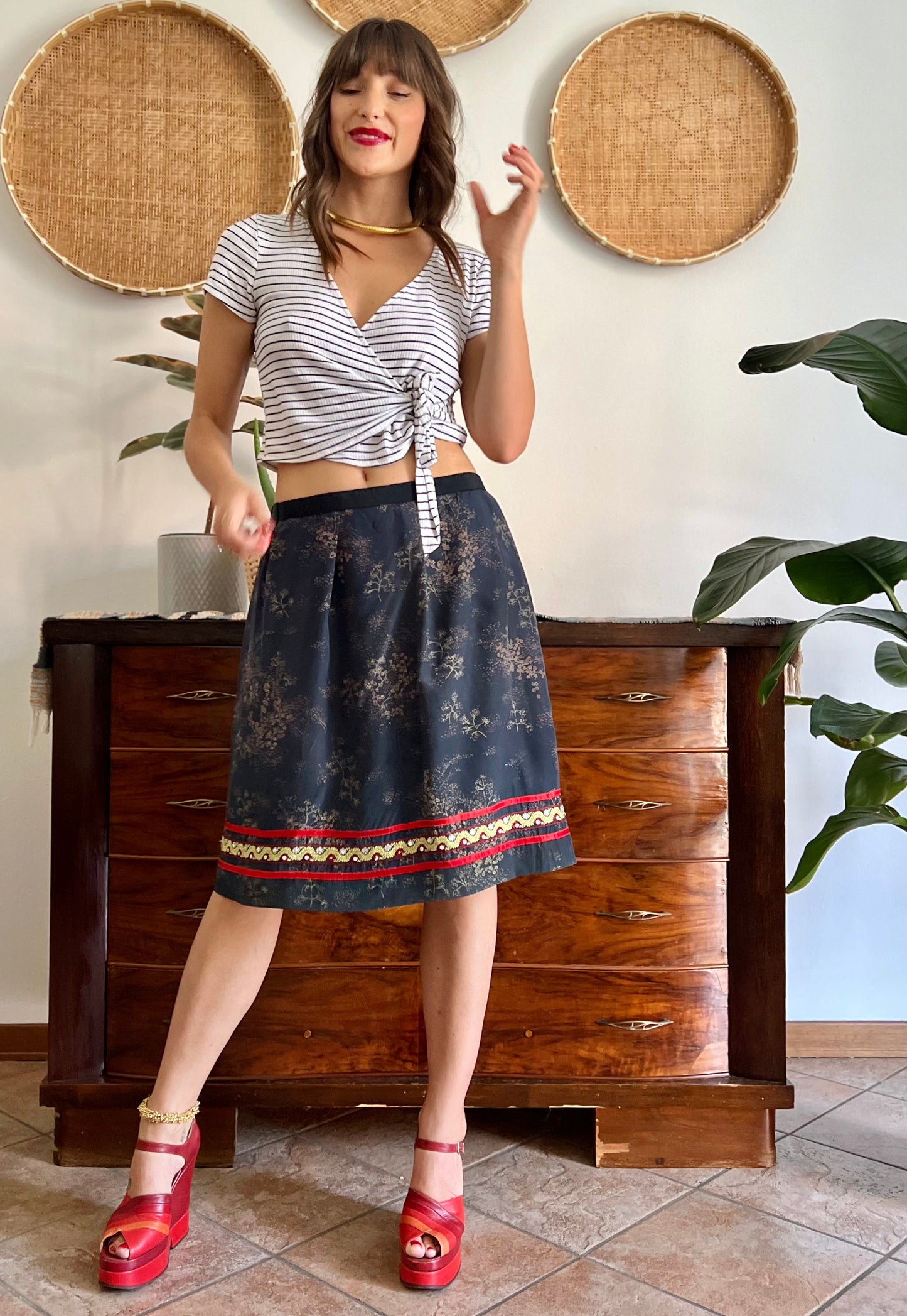 1970's vintage Navy, red and yellow floral midi dress