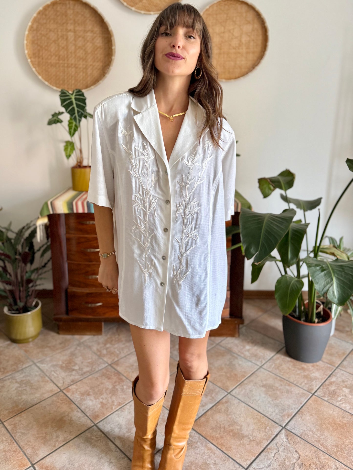 1990's vintage oversize textured blouse with bamboo embroidered detail