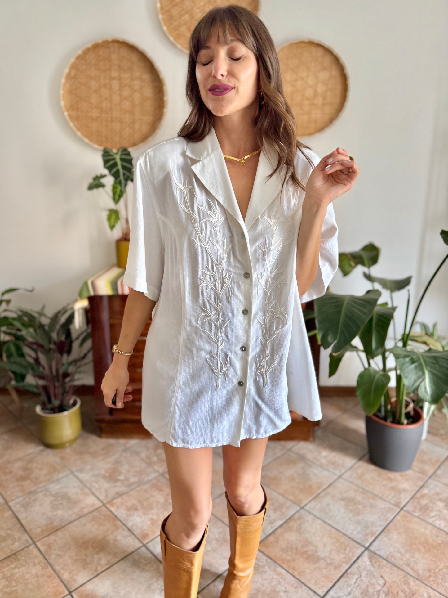 1990's vintage oversize textured blouse with bamboo embroidered detail