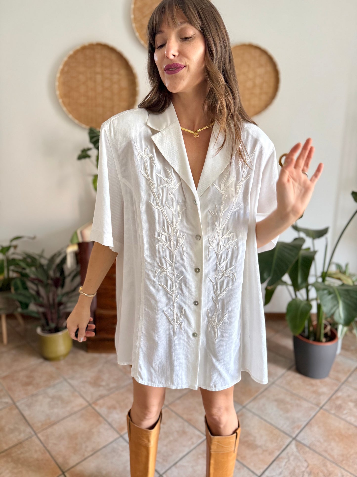 1990's vintage oversize textured blouse with bamboo embroidered detail