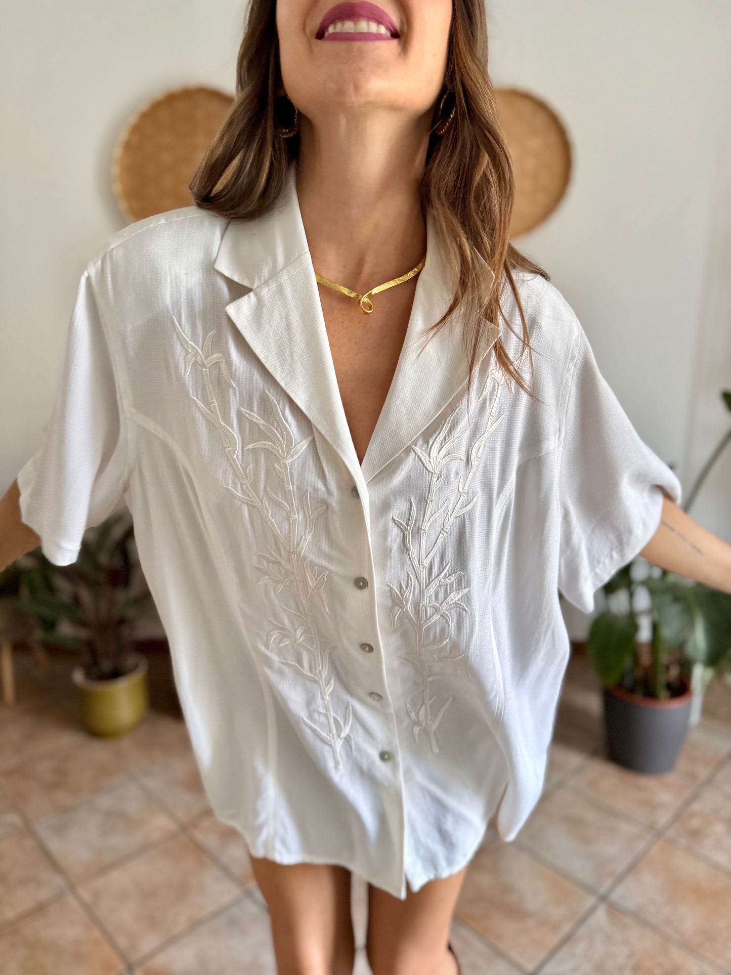 1990's vintage oversize textured blouse with bamboo embroidered detail