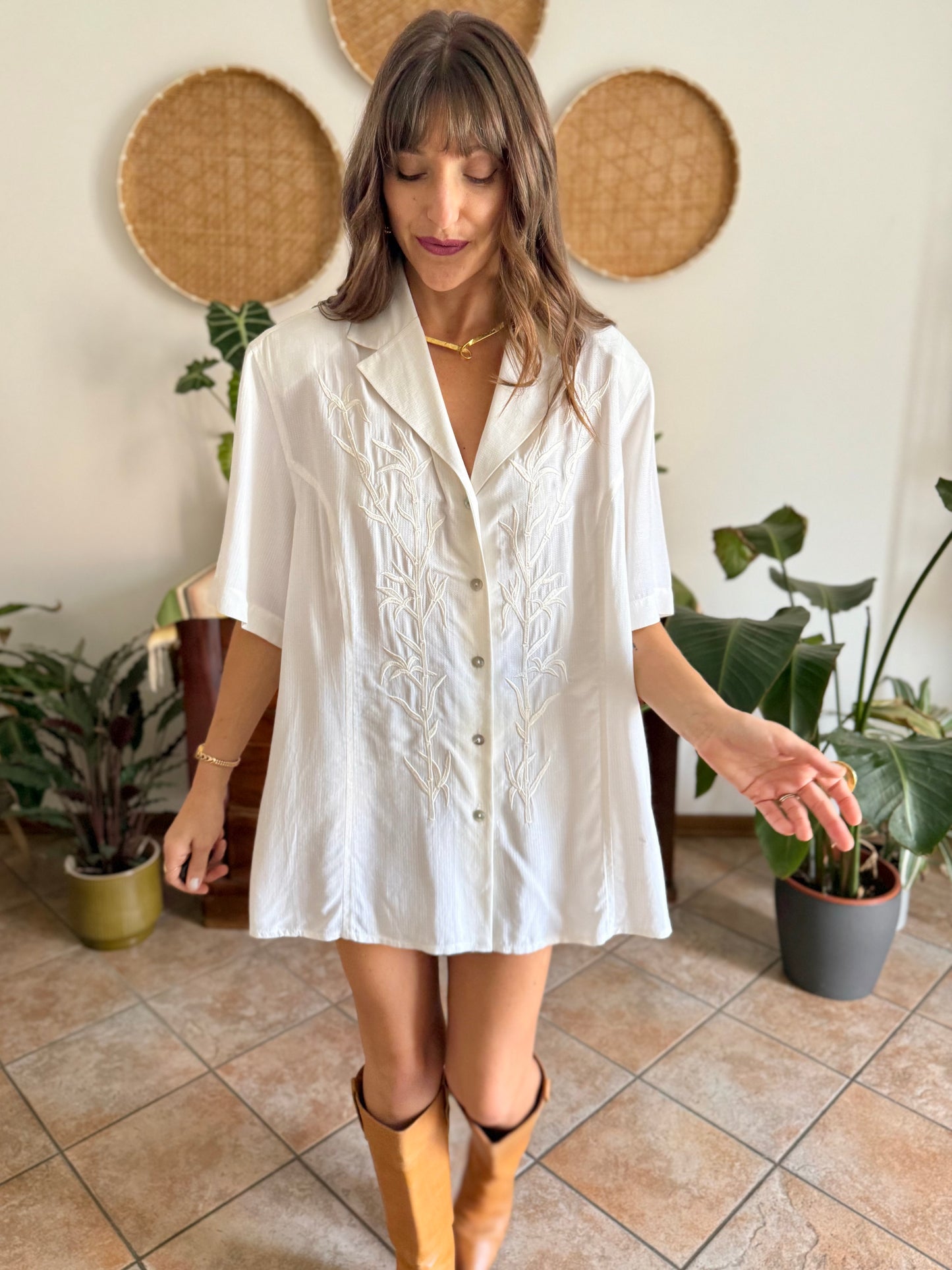 1990's vintage oversize textured blouse with bamboo embroidered detail