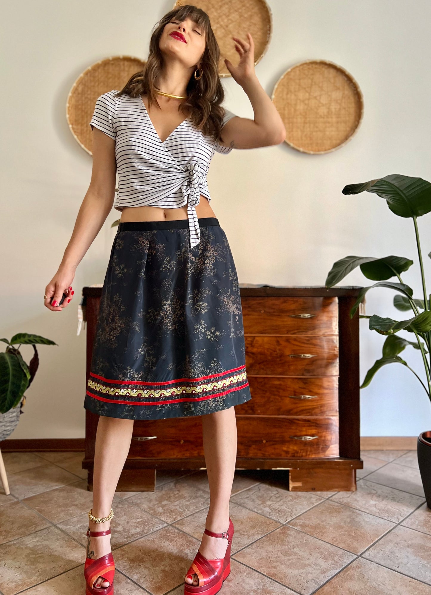 1970's vintage Navy, red and yellow floral midi dress