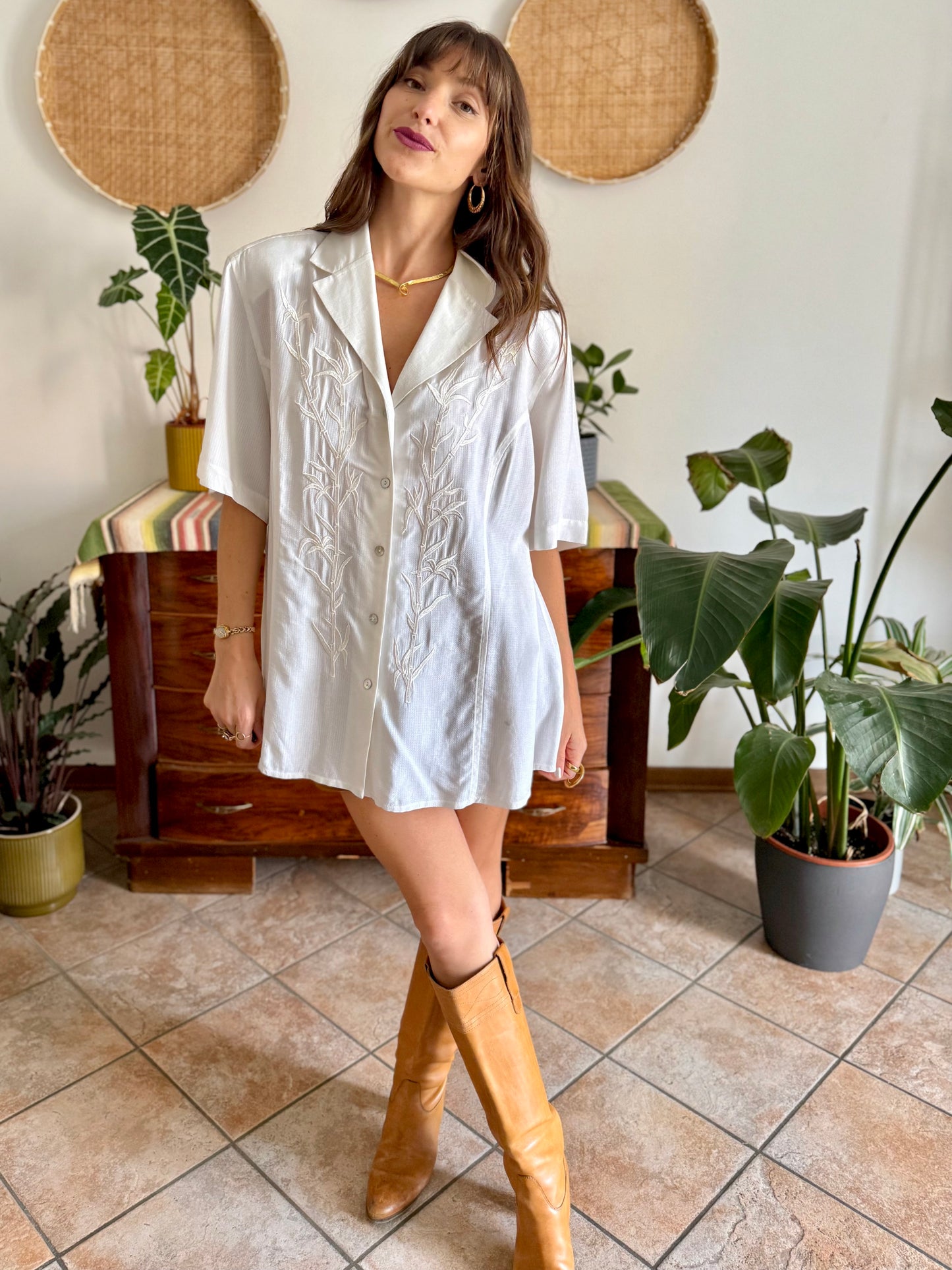 1990's vintage oversize textured blouse with bamboo embroidered detail