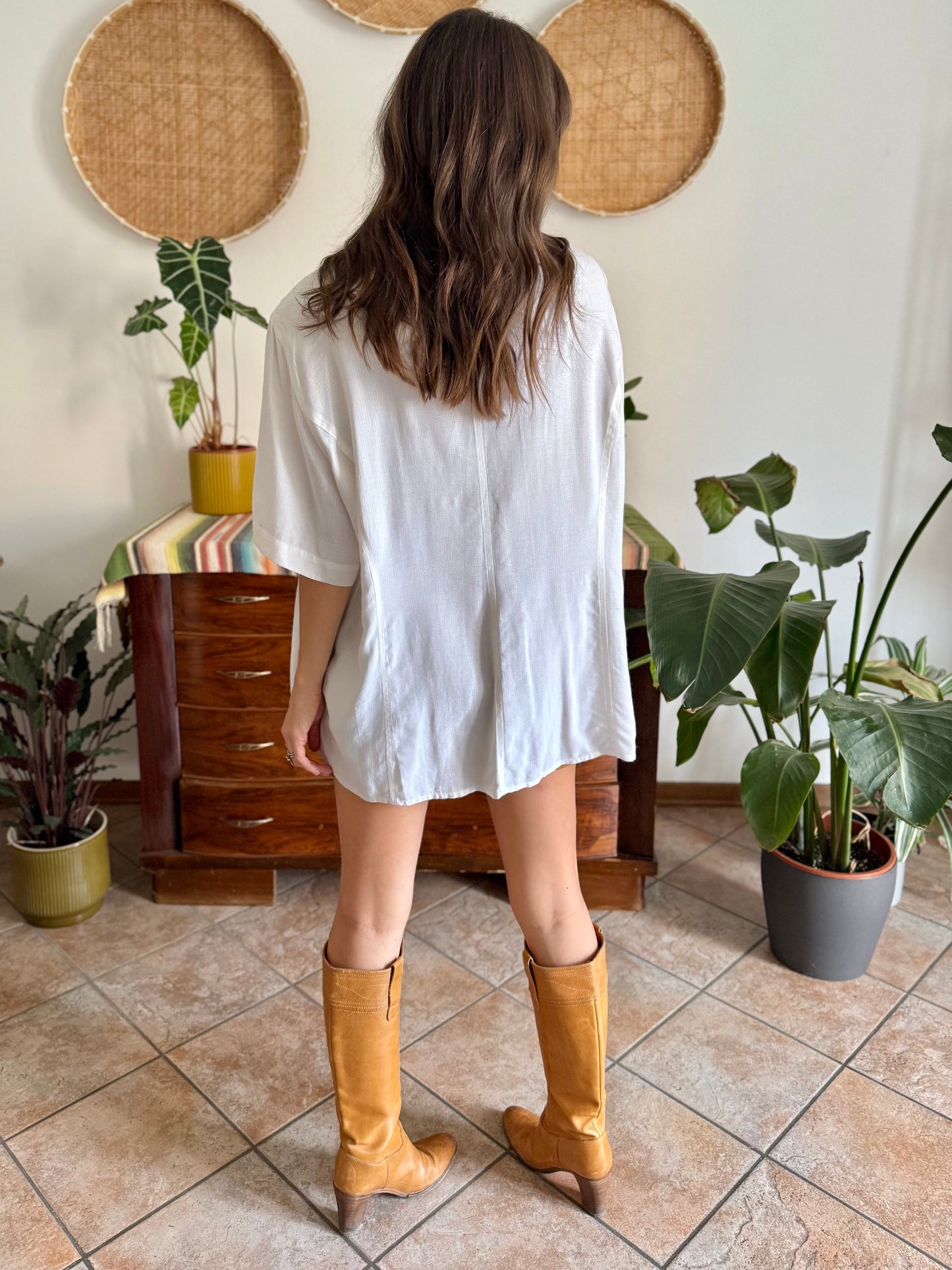 1990's vintage oversize textured blouse with bamboo embroidered detail