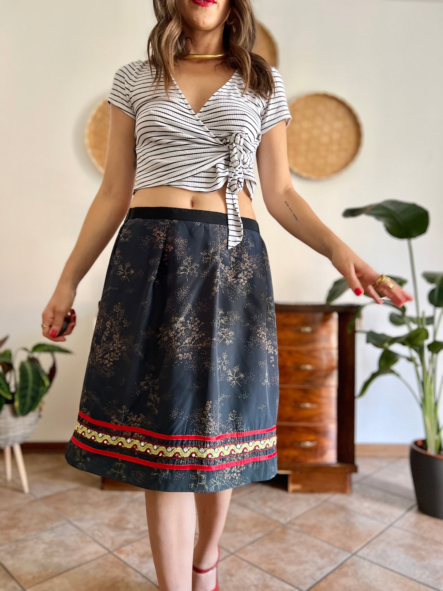 1970's vintage Navy, red and yellow floral midi dress