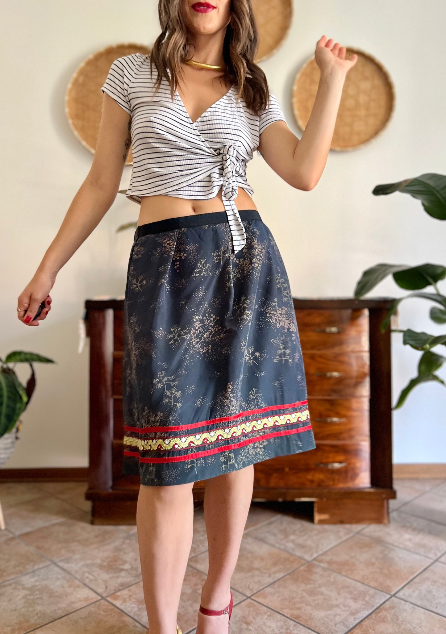 1970's vintage Navy, red and yellow floral midi dress