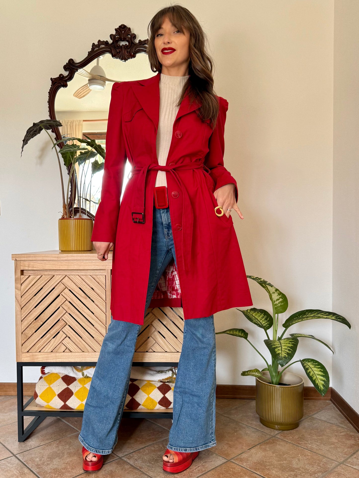 1990's vintage cherry red trench coat with white and red abstract geometric satin lining