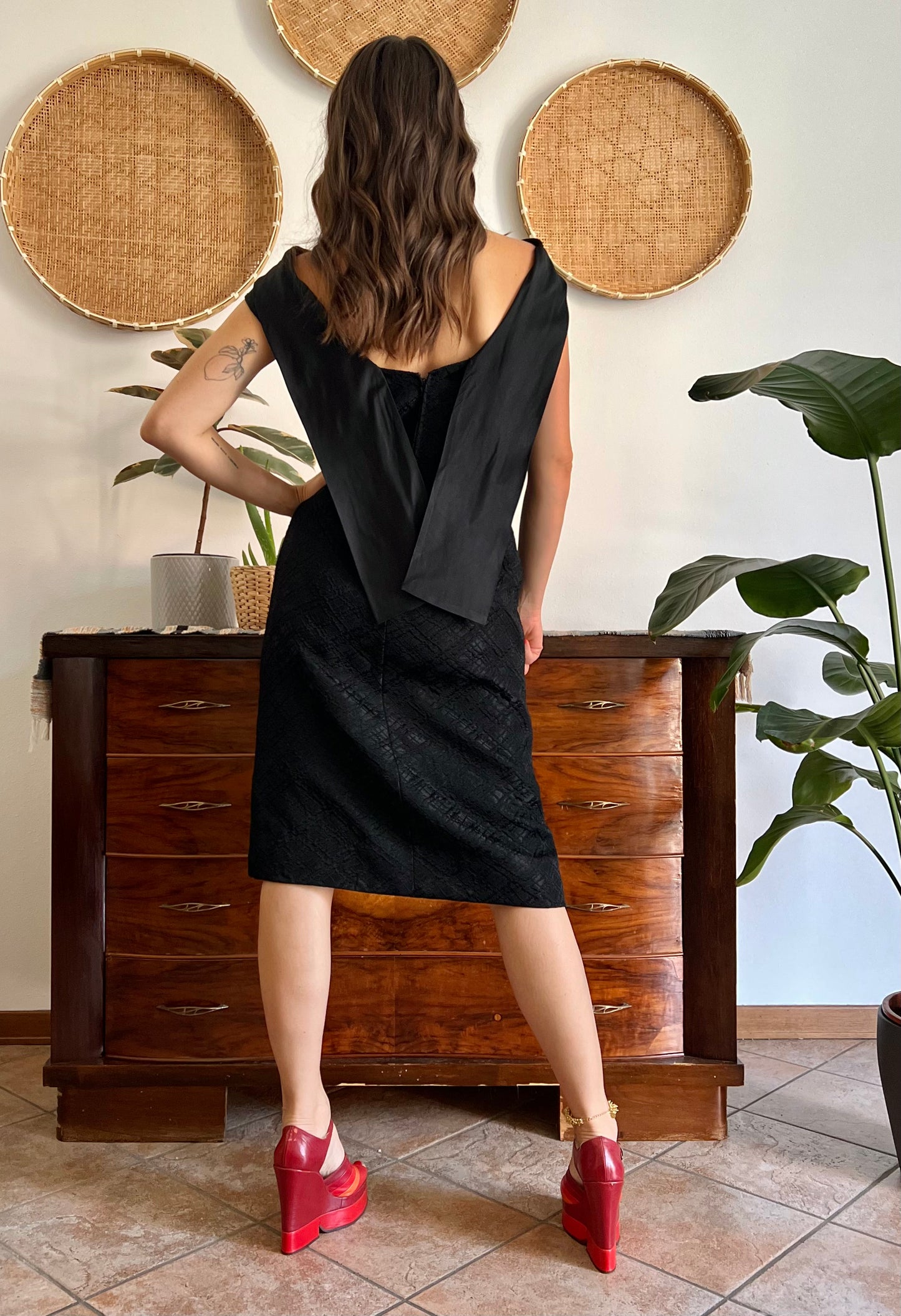 1960's vintage black brocade black midi dress with satin detailing