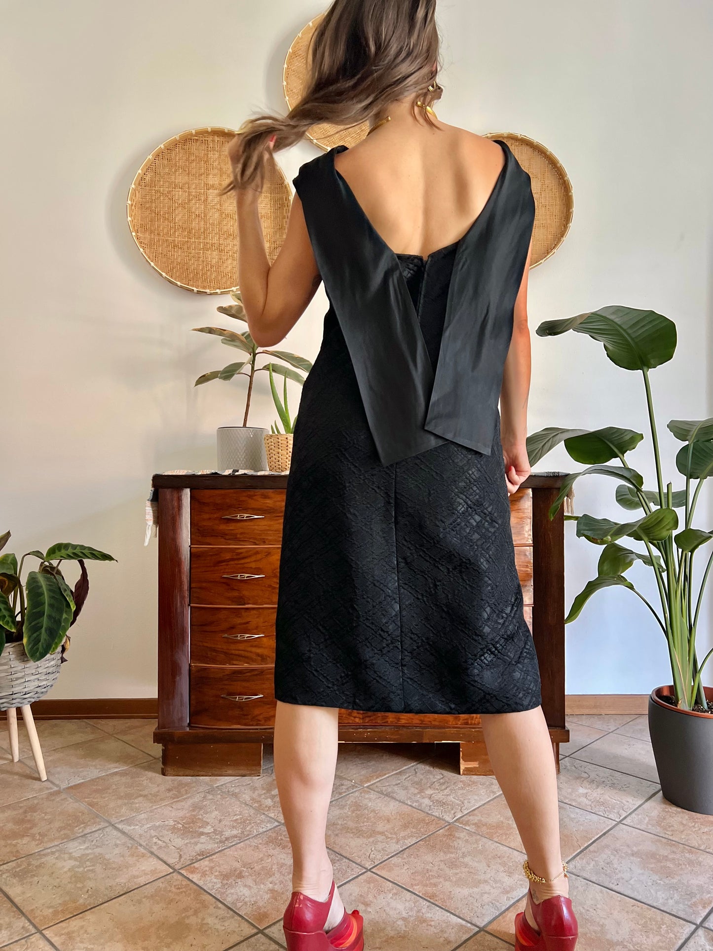 1960's vintage black brocade black midi dress with satin detailing
