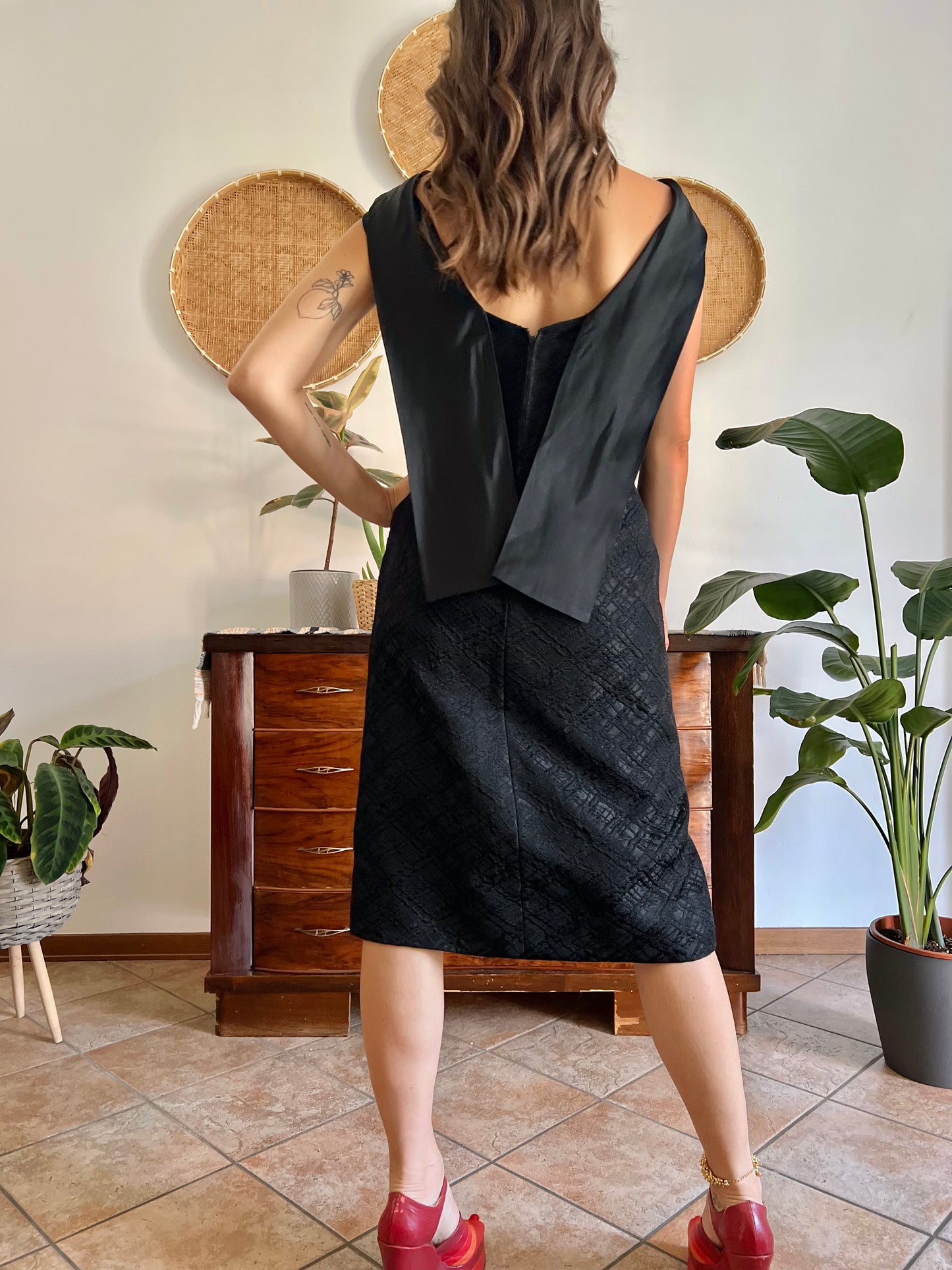 1960's vintage black brocade black midi dress with satin detailing
