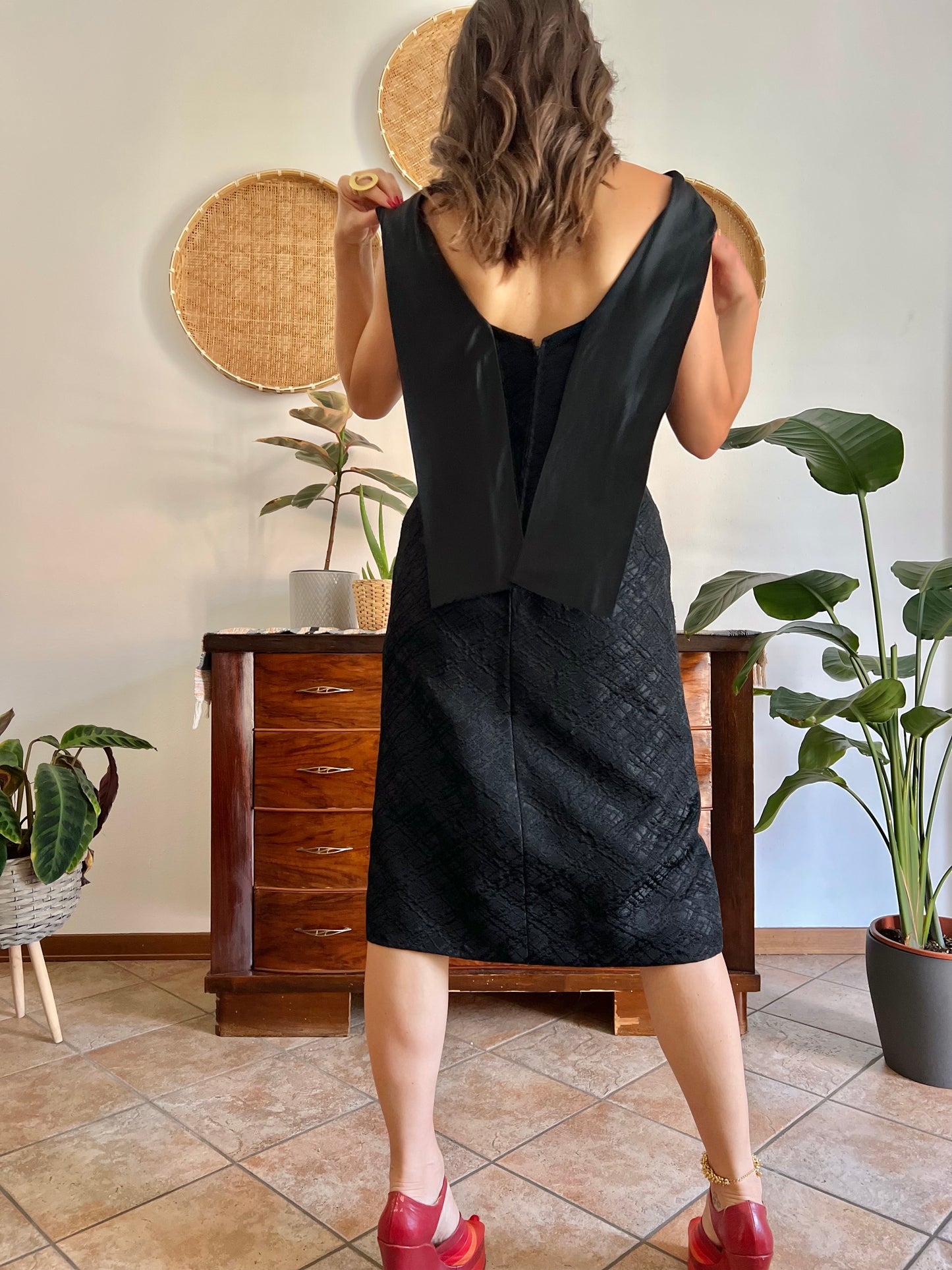 1960's vintage black brocade black midi dress with satin detailing