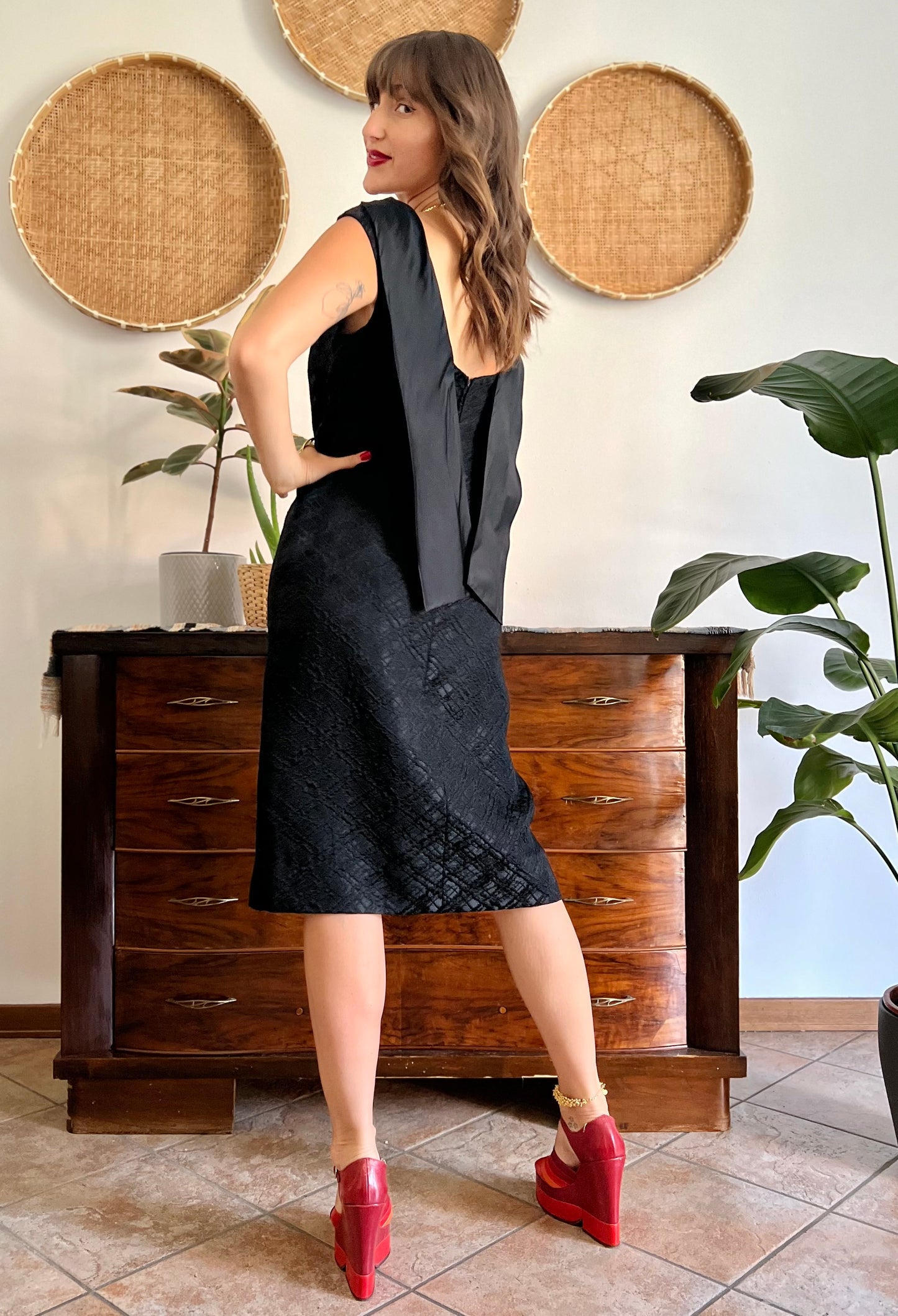 1960's vintage black brocade black midi dress with satin detailing