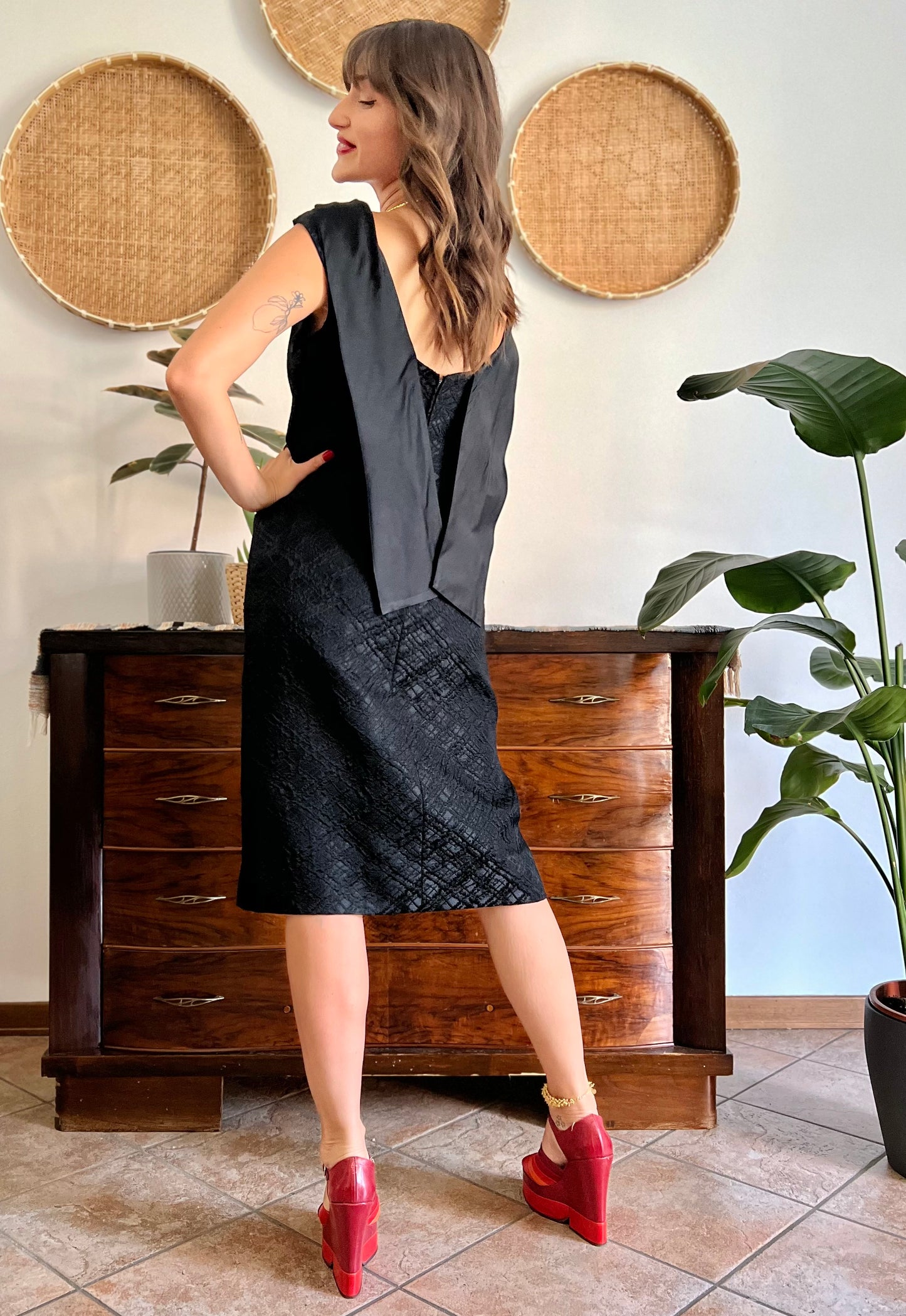 1960's vintage black brocade black midi dress with satin detailing