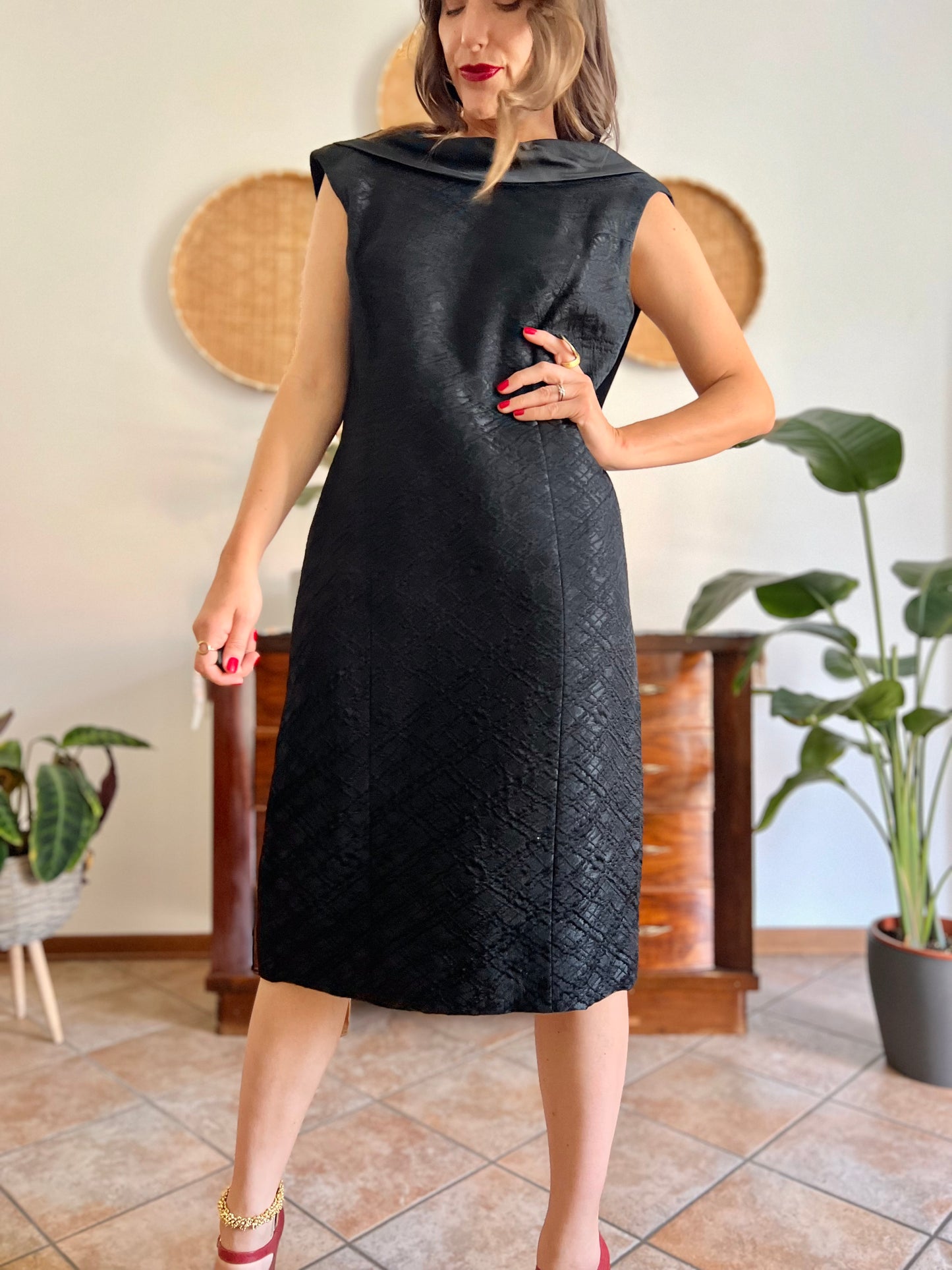 1960's vintage black brocade black midi dress with satin detailing