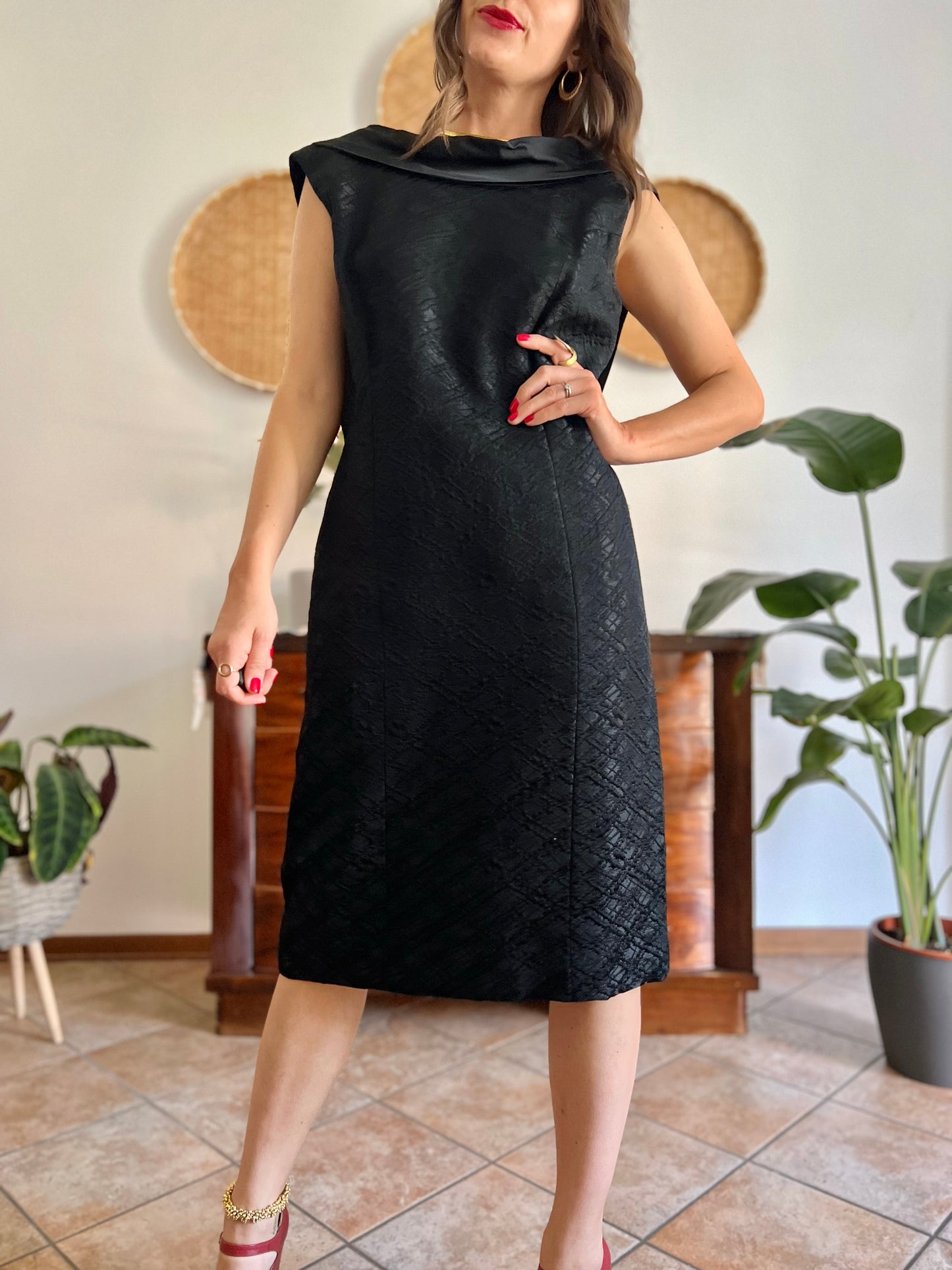 1960's vintage black brocade black midi dress with satin detailing