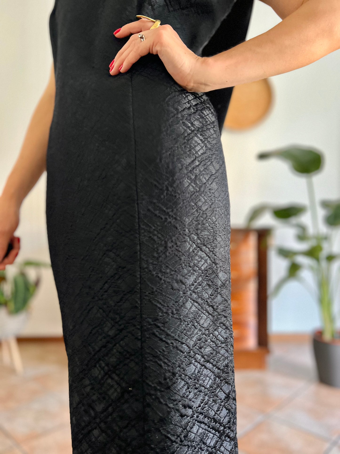 1960's vintage black brocade black midi dress with satin detailing