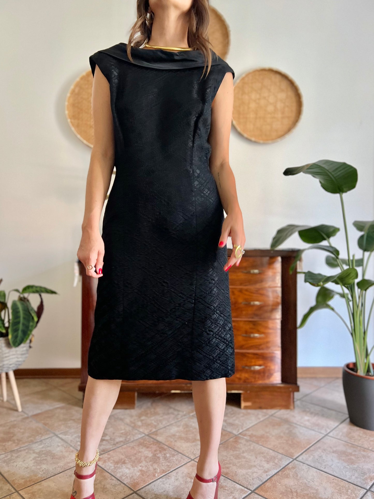 1960's vintage black brocade black midi dress with satin detailing
