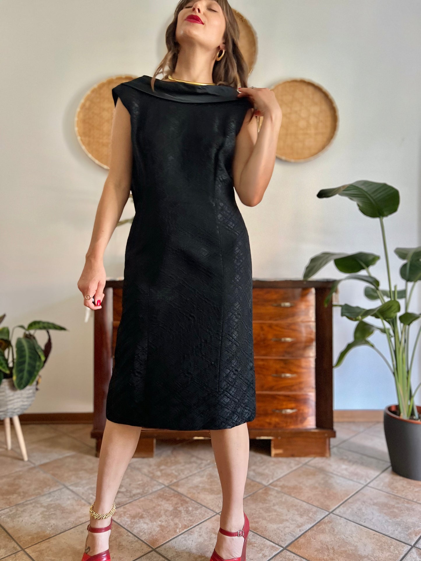 1960's vintage black brocade black midi dress with satin detailing