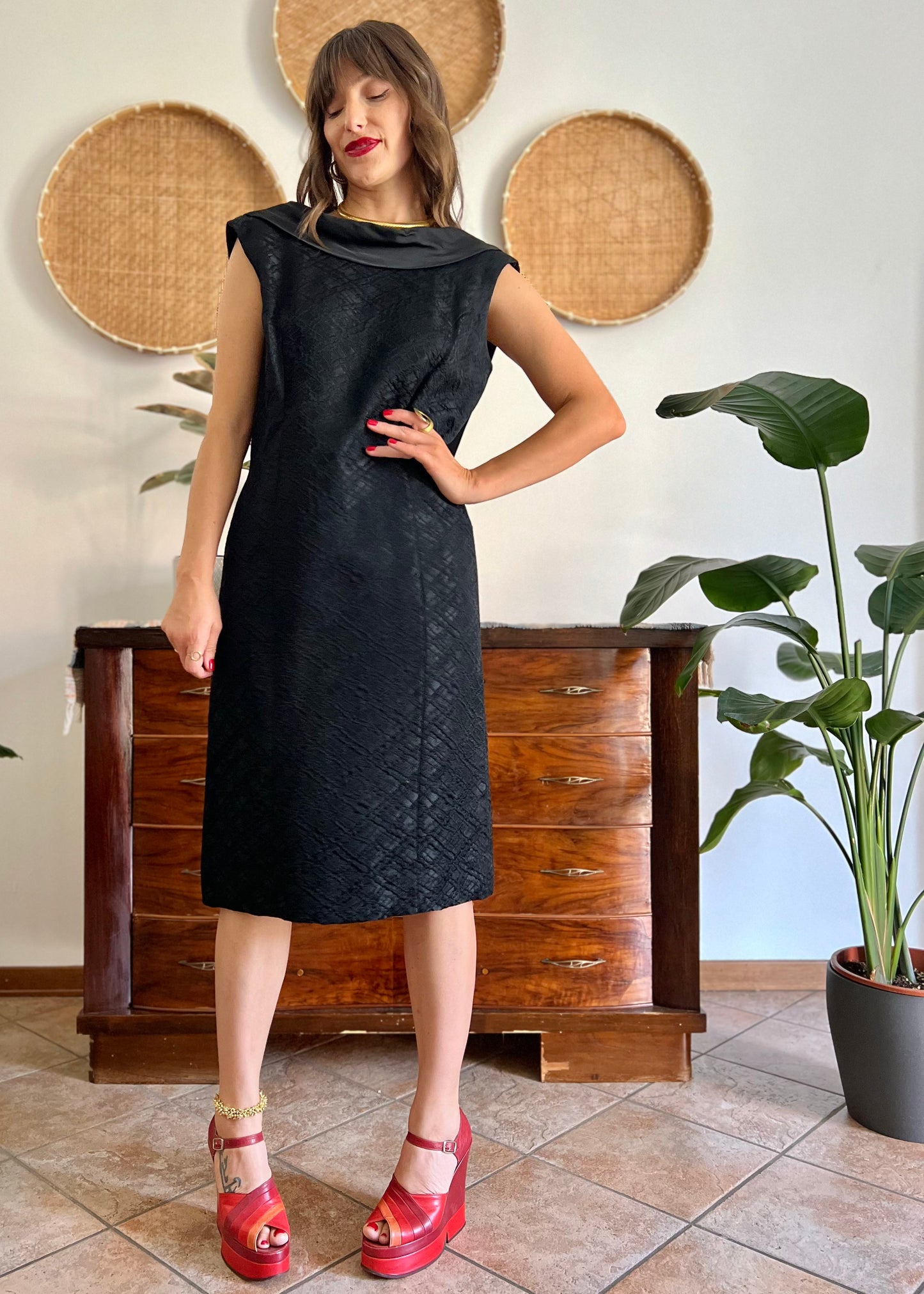 1960's vintage black brocade black midi dress with satin detailing