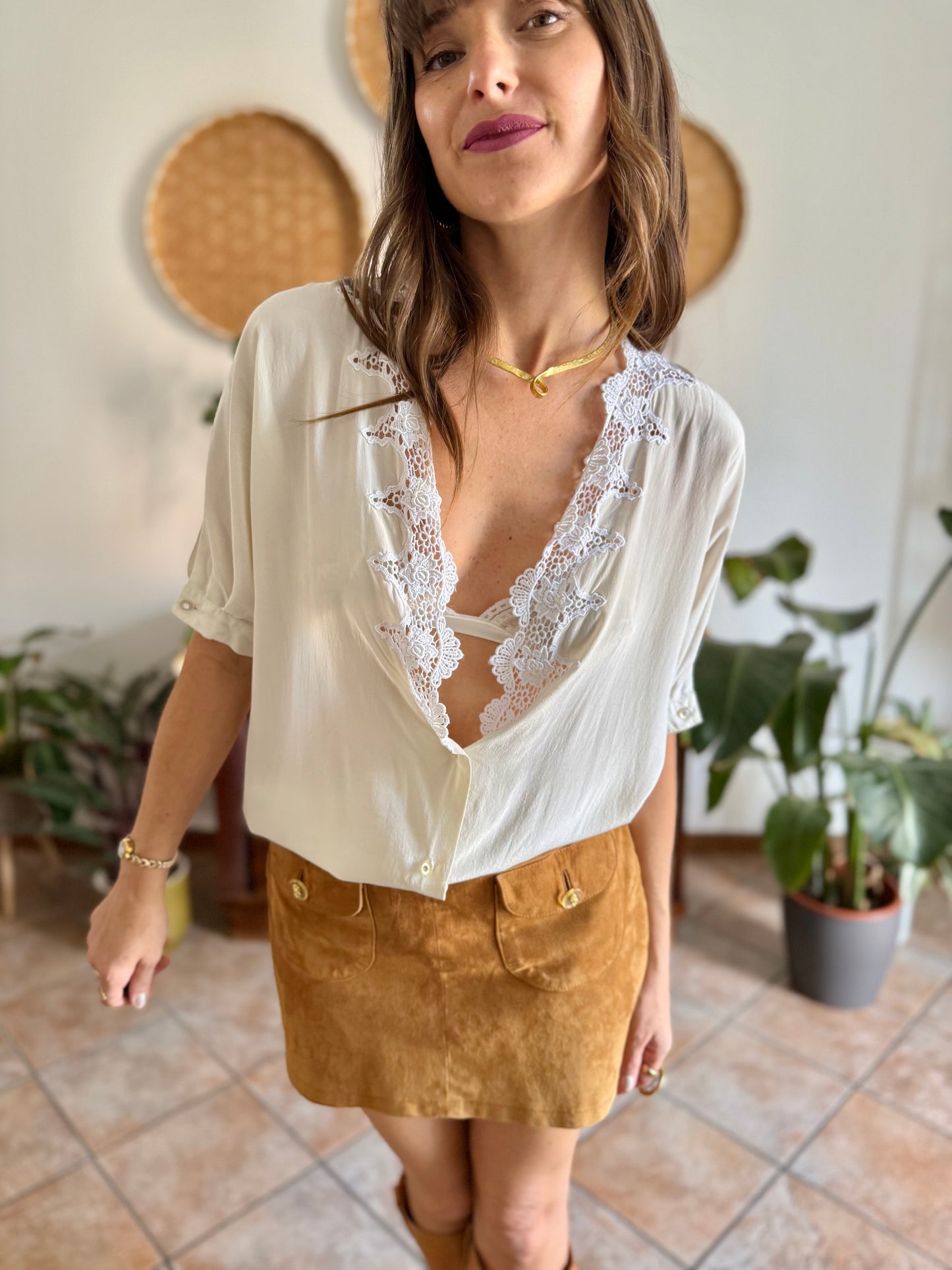 1970's vintage cream silk blouse with crochet floral crocheted lace