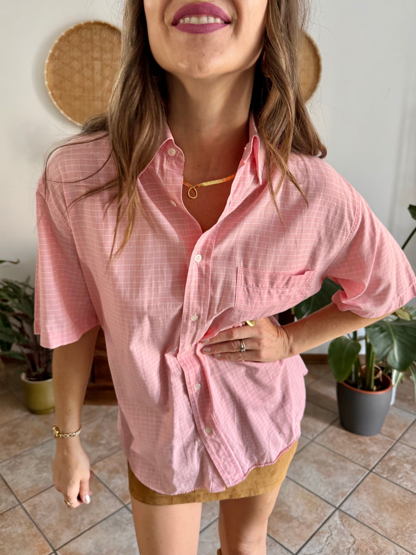 1970's vintage pink and white oversize checkered shirt