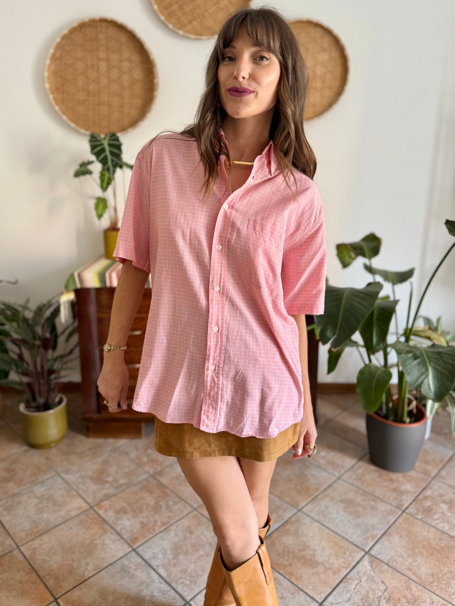 1970's vintage pink and white oversize checkered shirt