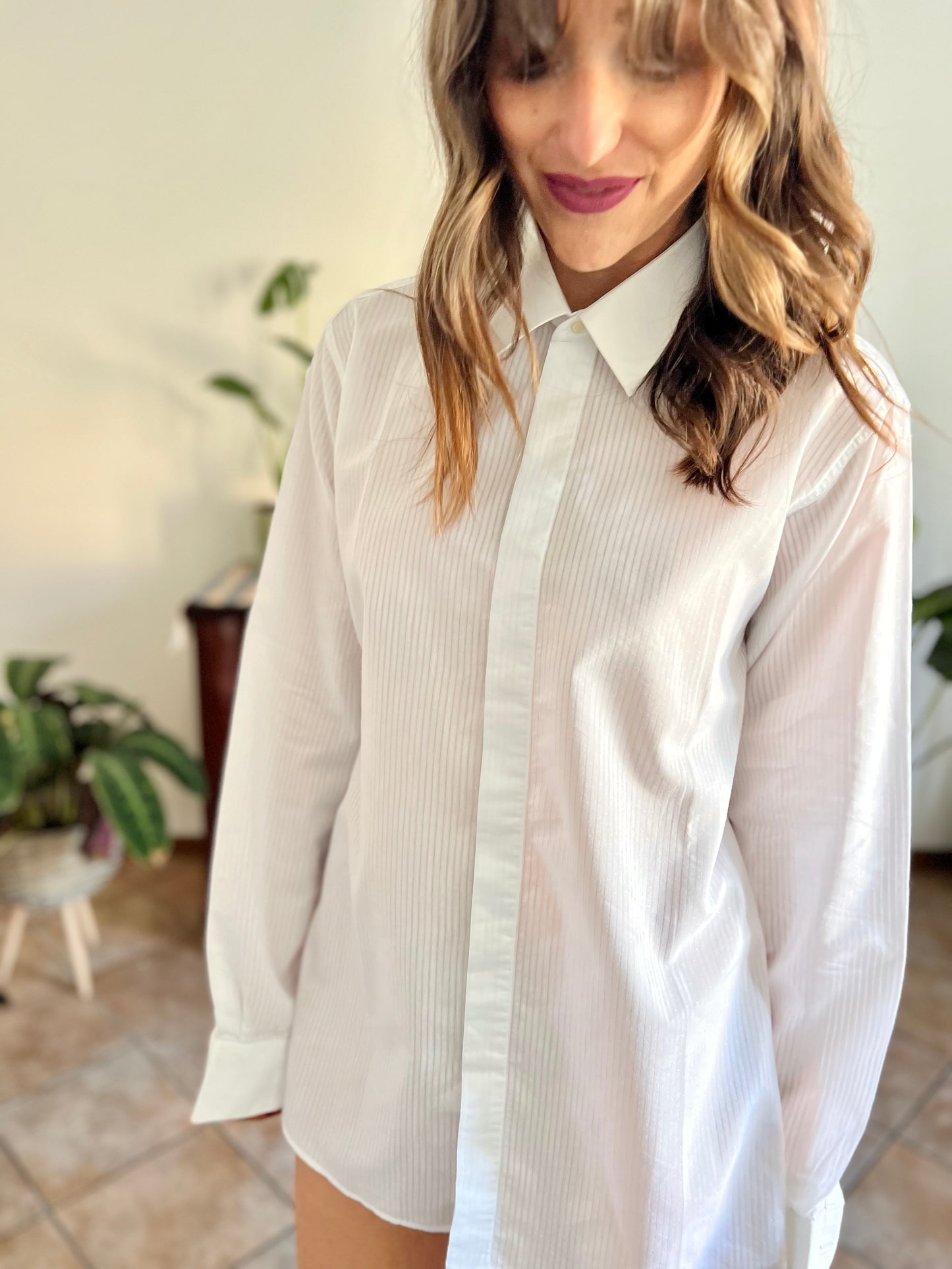 1970's vintage white button down with sheer pin stripes