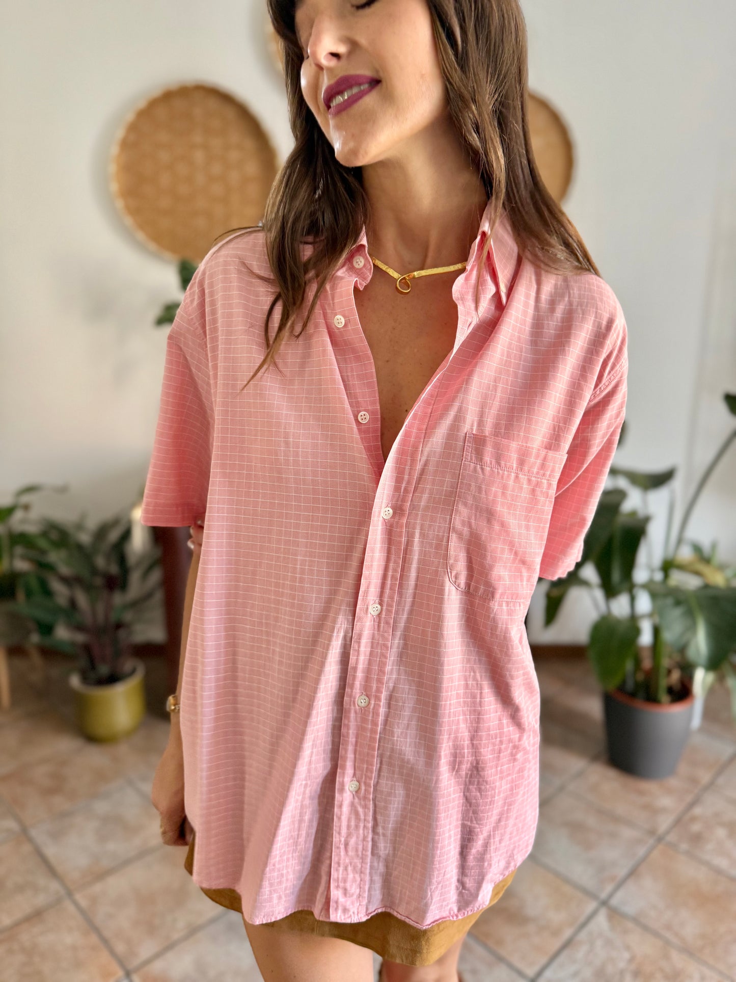 1970's vintage pink and white oversize checkered shirt