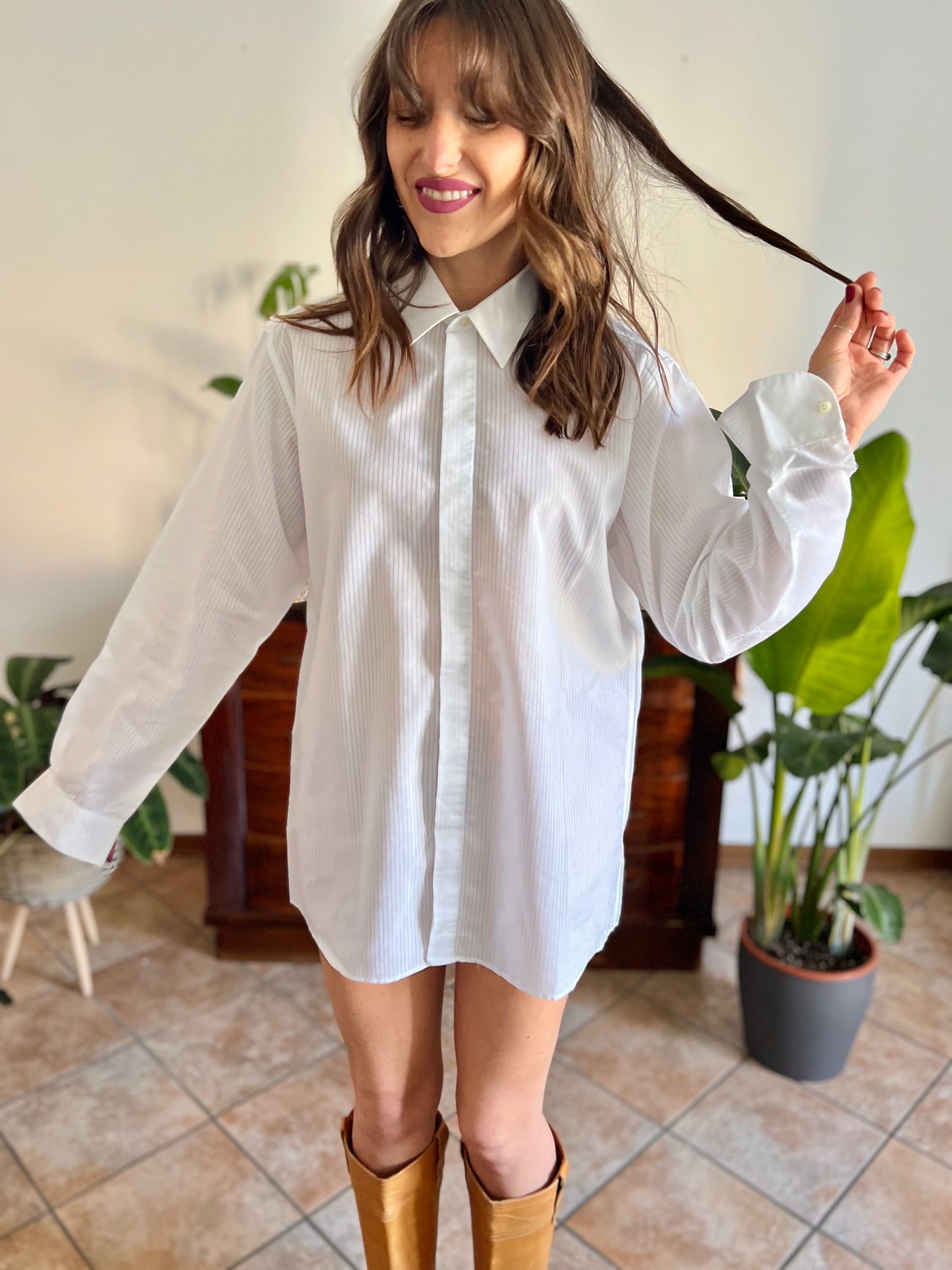 1970's vintage white button down with sheer pin stripes