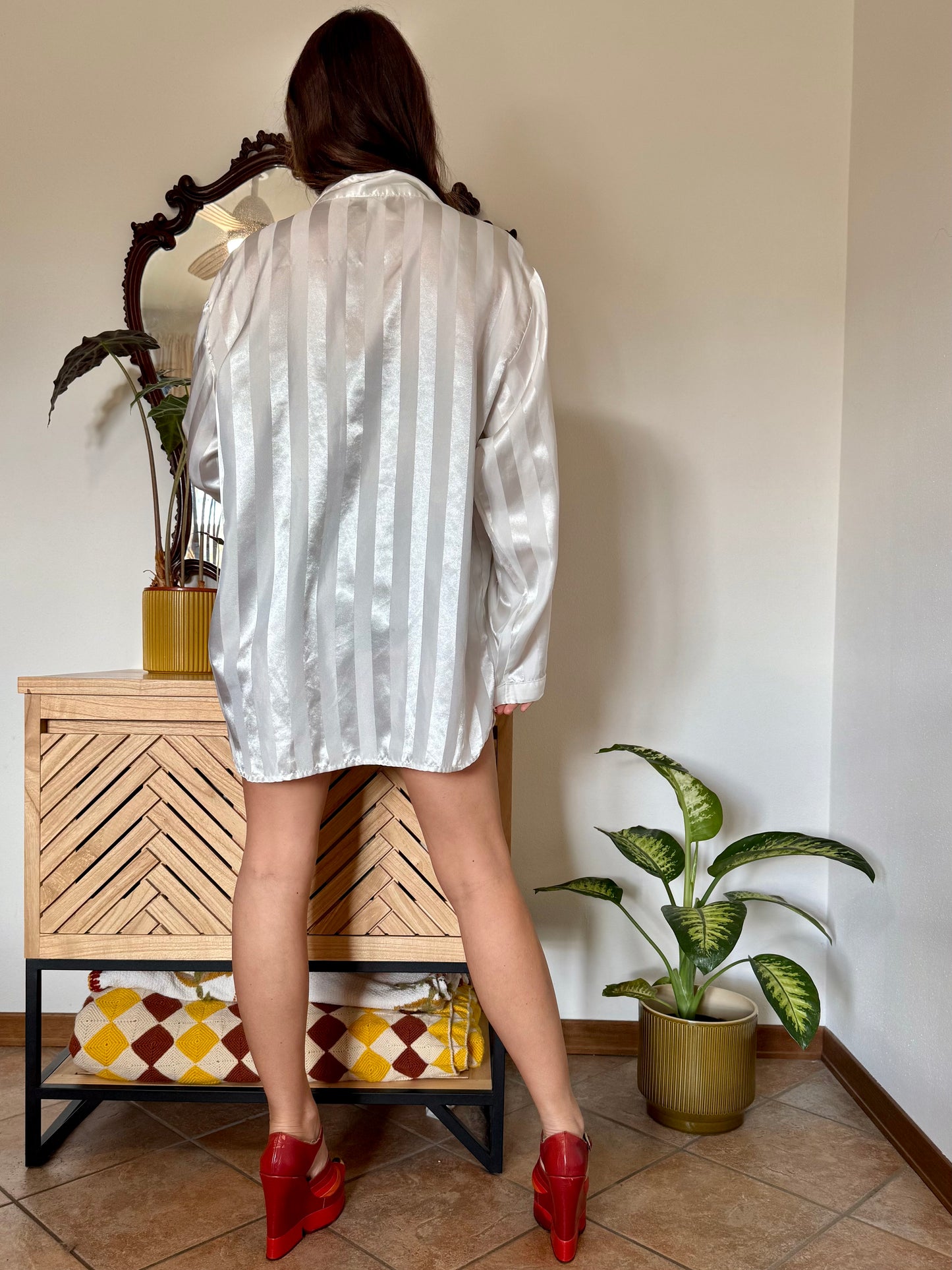 1990's vintage two tone white stripe oversize silk blouse