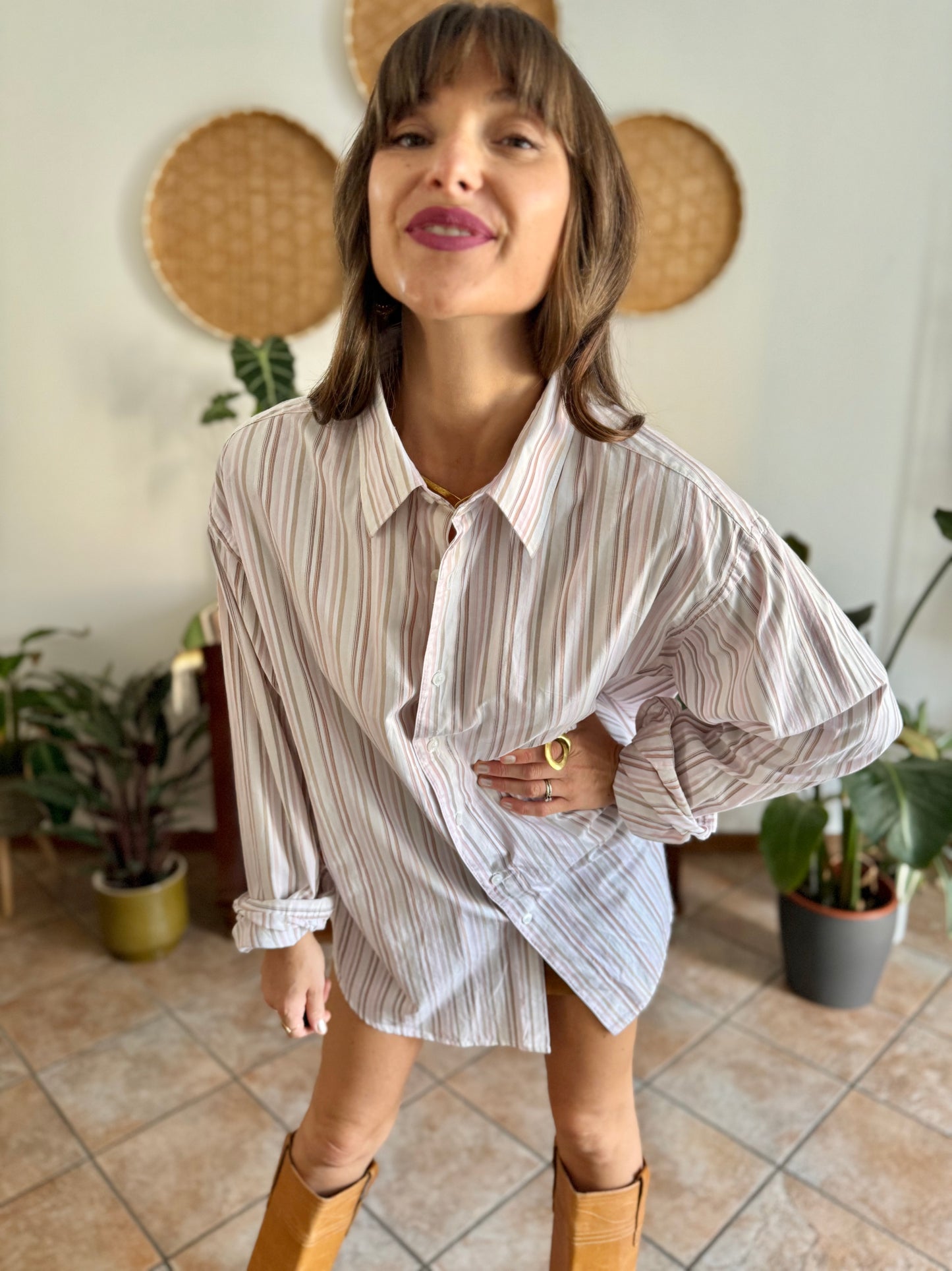 1990's vintage oversize white shirt with pink and tan vertical stripes