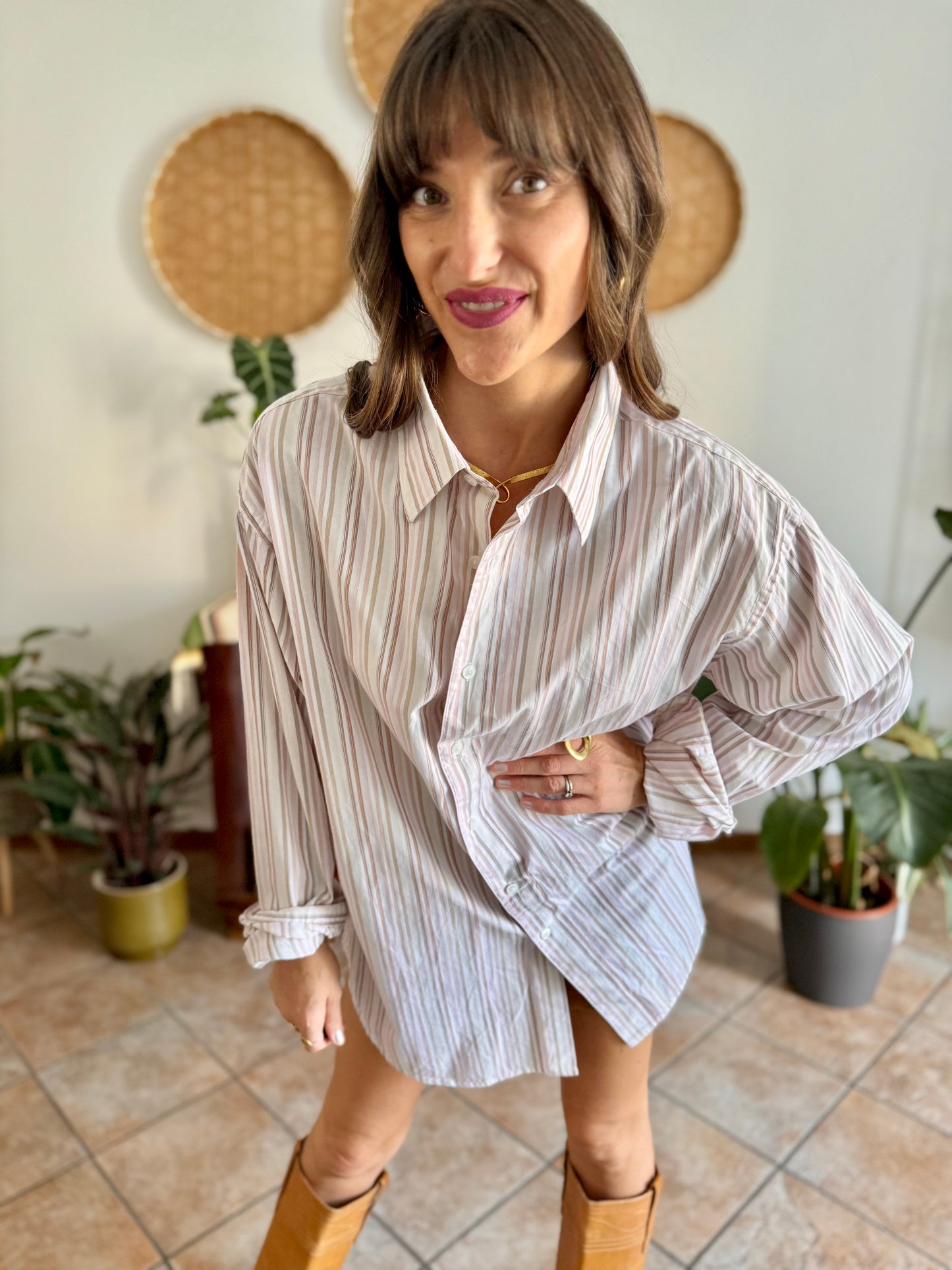 1990's vintage oversize white shirt with pink and tan vertical stripes